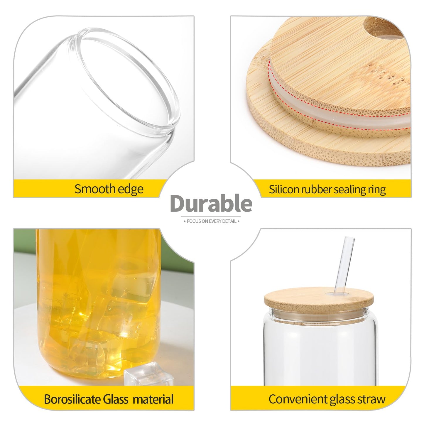 20 Pack Bamboo Lid Glasses with Straws, Can Shaped Beer Glasses, Reusable Cute Tumbler Cups for Whiskey, Iced Coffee, Tea, Soda, Cocktail, Gift, Clear 16oz