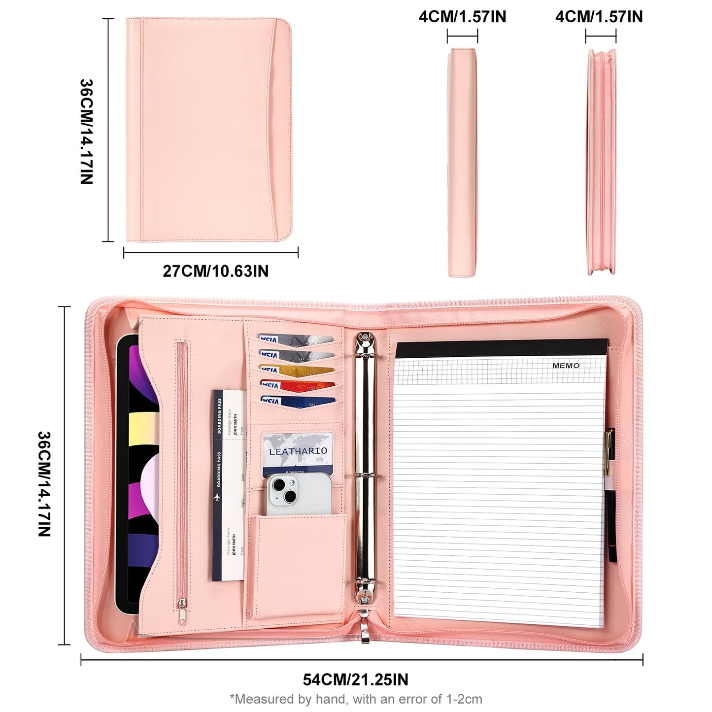 Leathario Portfolio, Vegan Leather 3-Ring Binder with Zipper, A4 Padfolio, Includes 10 Sheet Protectors and 3 Notepads, Multi-Pocket Document Holder for Tablets, Files, Notepads, Office Supplies