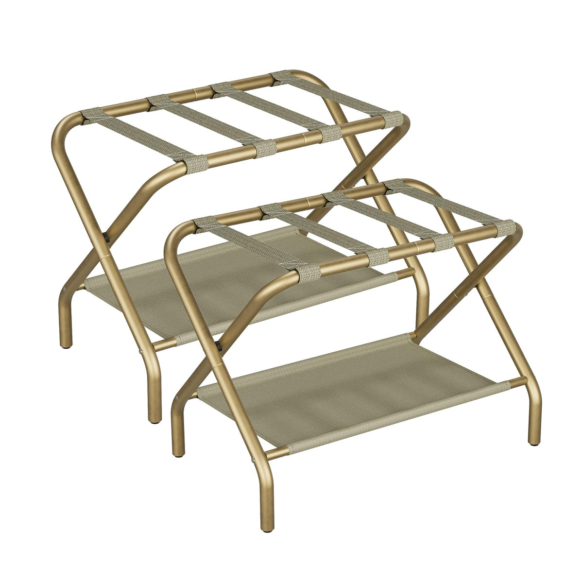 Smuxee Gold Luggage Rack Pack of 2, Foldable Suitcase Stand with Fabric Storage Shelf, Luggage Holder with 4 Nylon Straps for Hotel Guest Room Bedroom