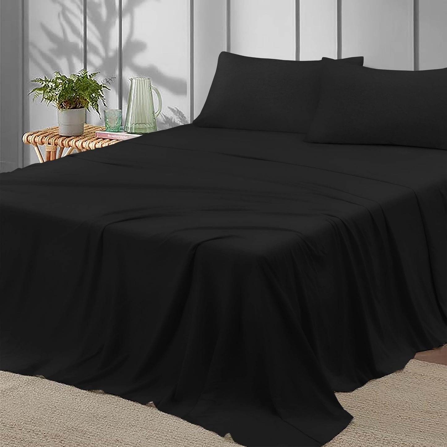 EnvioHome 100% Cotton Jersey Knit King Sheet Set - 4 Piece, Ultra Soft T-Shirt Feel, All Season, Breathable King Sheets, Snug Fit (Deep: 15") - Black