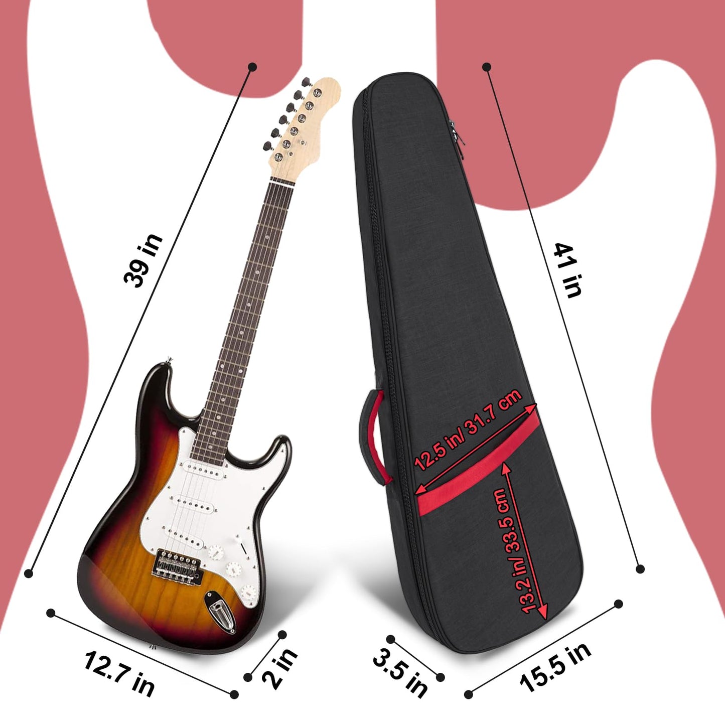 Muscab Electric Guitar Bag 11mm Thick Padded Electric Guitar Gig Bag, 39 Inch Electric Guitar Case Backpack with Neck Strap and Pocket, Black
