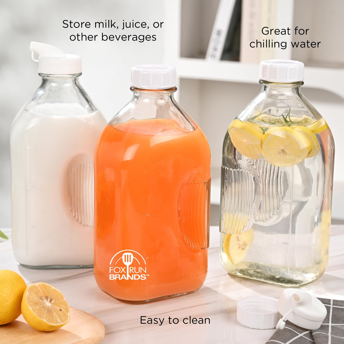 Fox Run Large Glass Milk Bottles, Set of 2 64oz/2 Quart Capacity Glass Bottles with Airtight and Pouring Lids