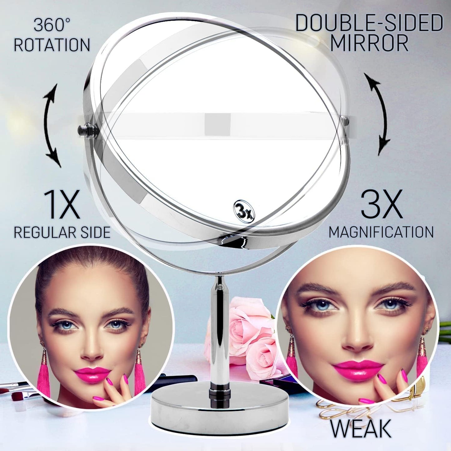 3X Magnifying Mirror on Stand - Round Makeup Table Mirror for Vanity, Bathroom and Retail Store - 3X and 1X Magnification - 28cm Wide, 43cm Tall