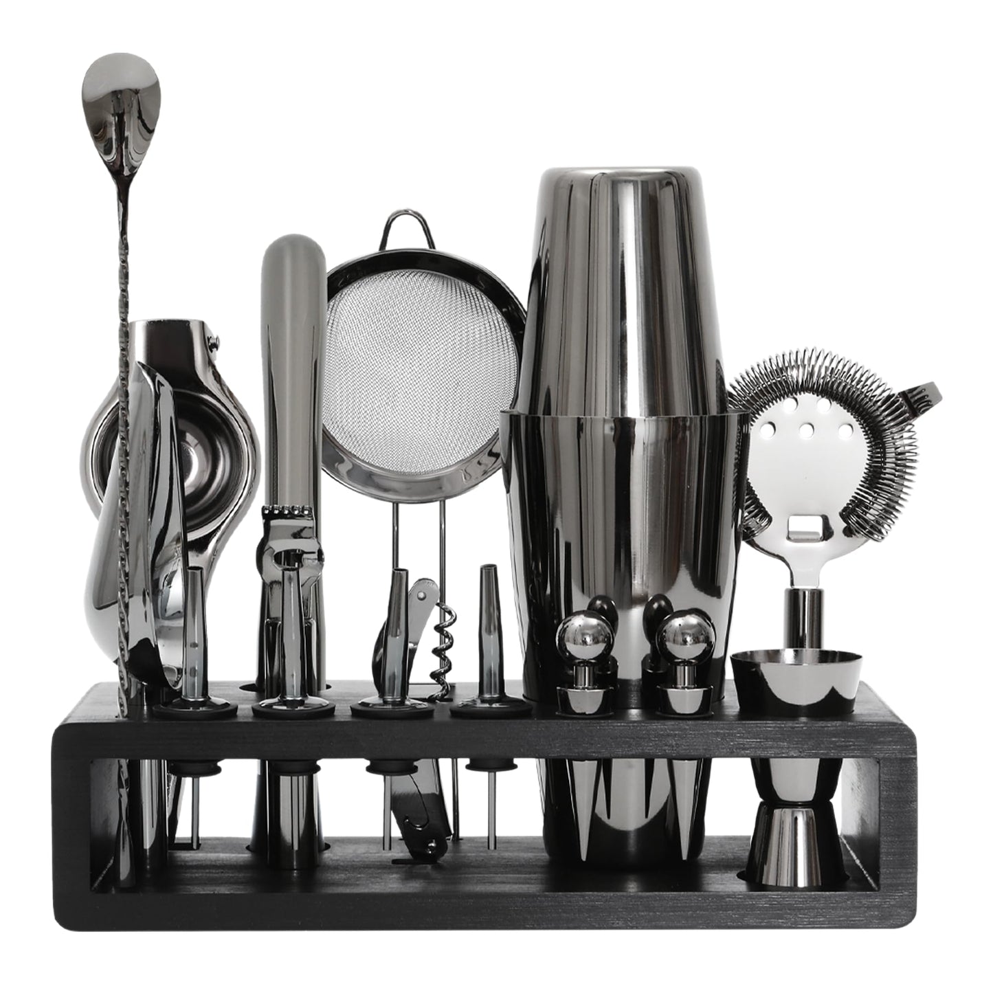 NU Creations | First Class Mixology 17-pc Cocktail Shaker Bartender Set | Rust & Leak Resistant with Sustainable Bamboo Stand for Home & Parties