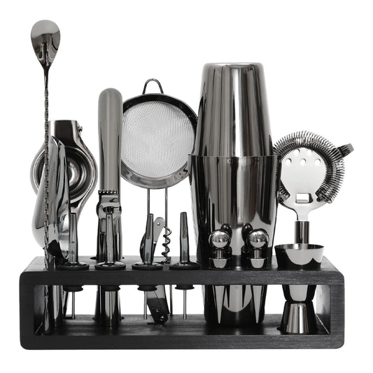 NU Creations | First Class Mixology 17-pc Cocktail Shaker Bartender Set | Rust & Leak Resistant with Sustainable Bamboo Stand for Home & Parties