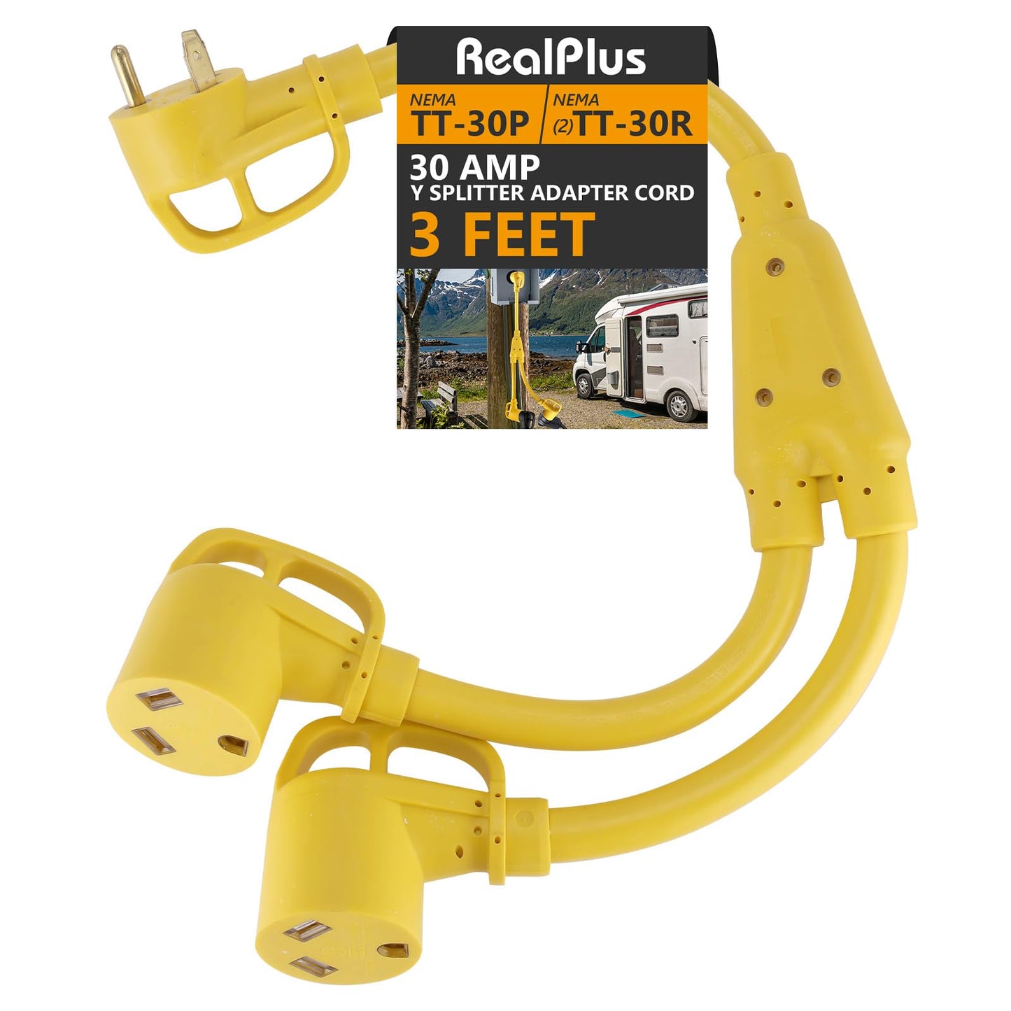 RealPlus 30 Amp Y Splitter Adapter Cord, NEMA TT-30P to (2) NEMA TT-30R 3-Prong Heavy Duty Generator Power Cable STW 10 AWG 3C, 3 Feet (Yellow)