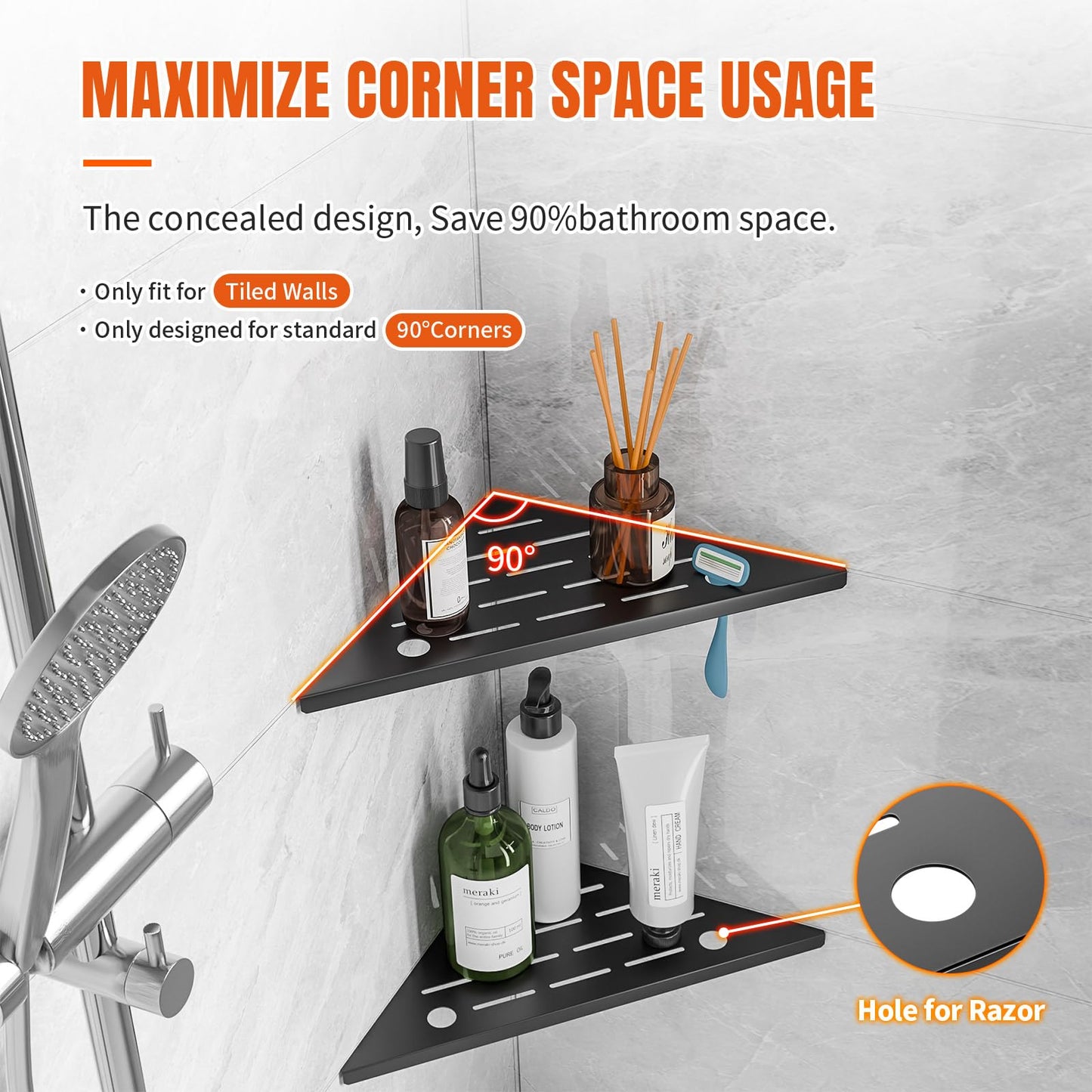 Corner Shower Shelf 2-Pack,10" Shower Organizer Shelves with Razor Holder,Rustproof Stainless Steel Recessed Shower Shelves Corner,No Drilling Bathroom Shower Shelf for Tiled Wall