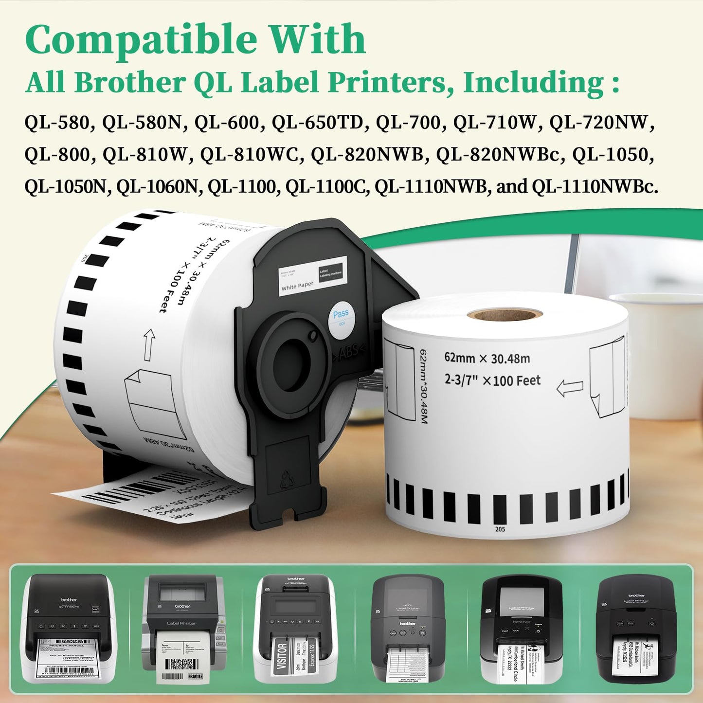 12 Rolls Replace Brother Continuous Labels DK-2205 (2.4" X 100') Compatible with QL-800 QL-820 QL-810 QL-1110 and Other All Brother QL Label Printer, Suitable for Address Labels Barcode Labels