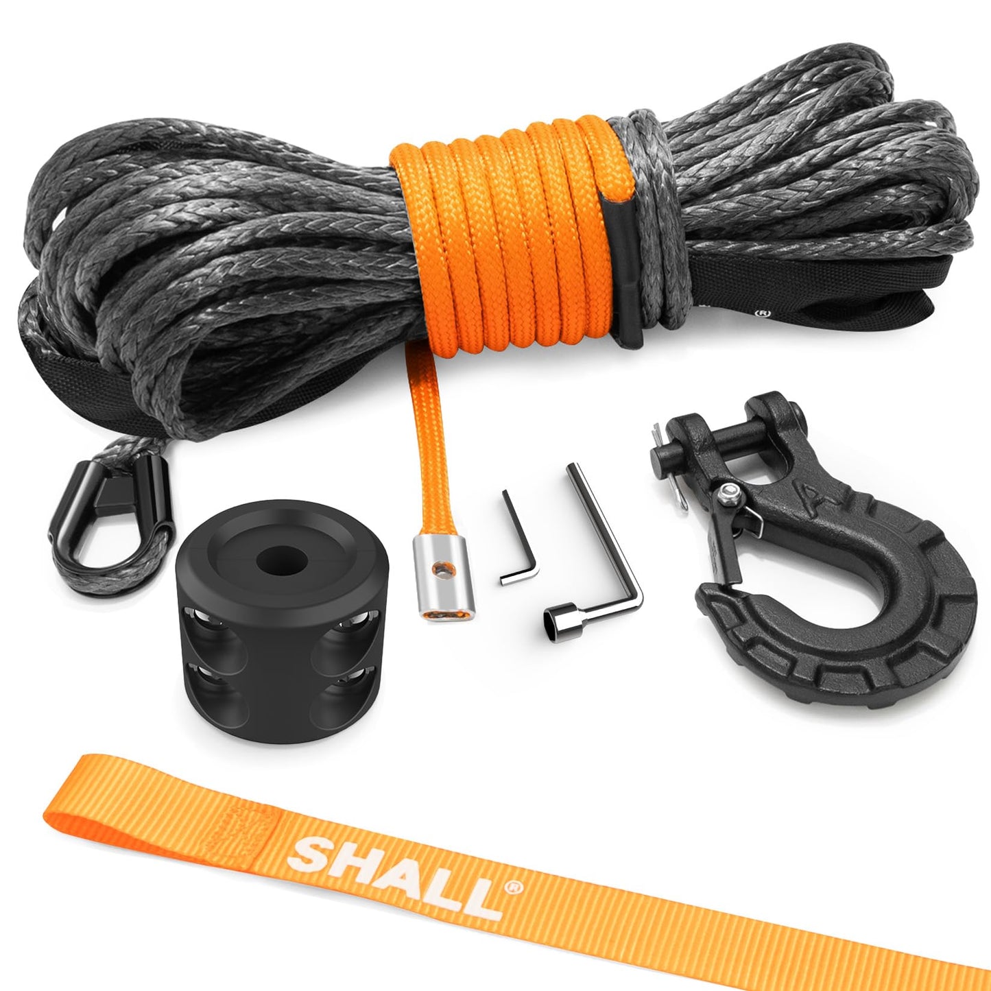SHALL 1/4 Inch x 50 Feet Synthetic Winch Rope 10,000LBS Winch Line with Protective Sleeve & Forged Winch Hook & Safety Pull Strap for ATV UTV Offroad Vehicle