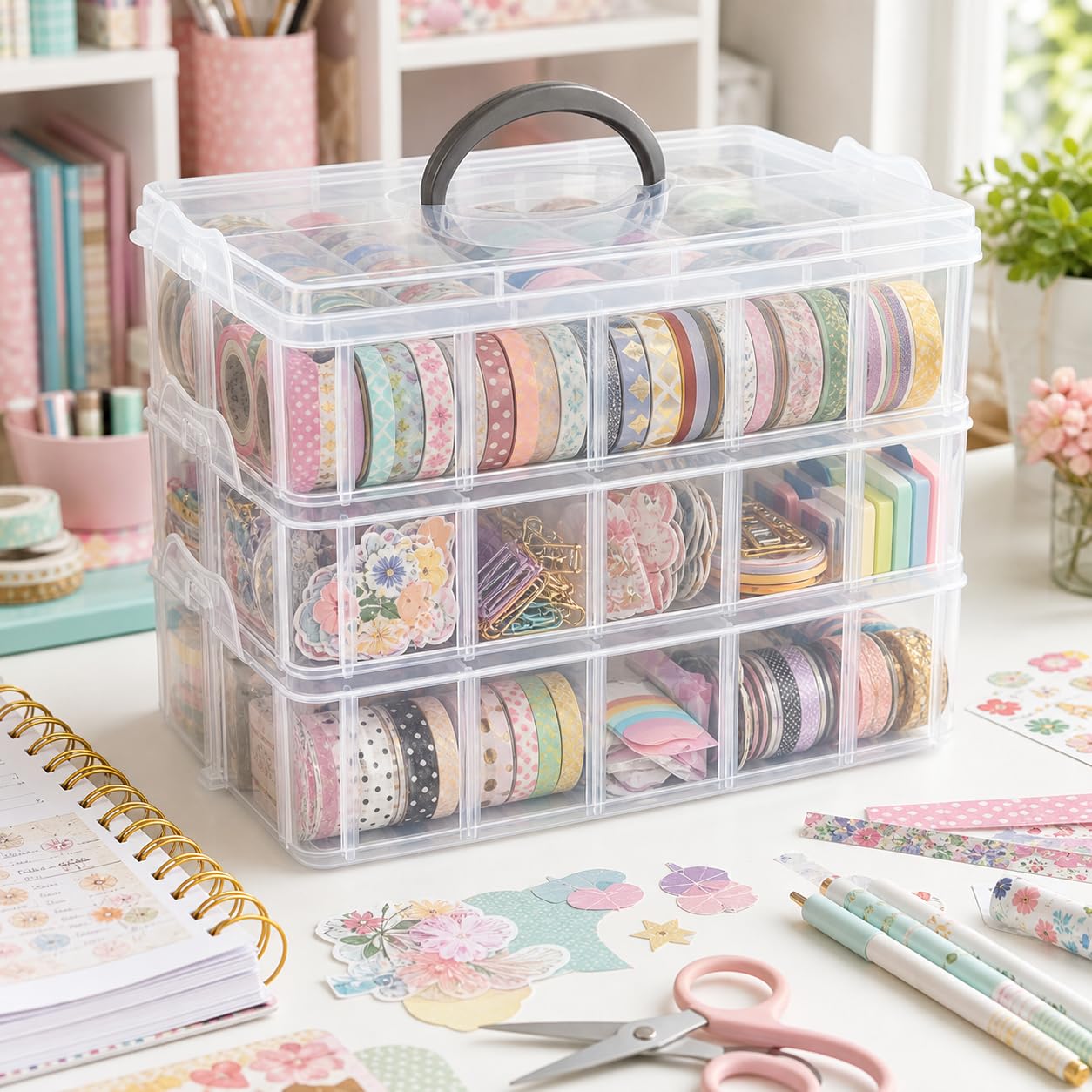 Guyuyii 3-Tier Stackable Bead Organizer with Adjustable Dividers - 30 Compartments Plastic Storage Box for Washi Tape, Lego Pieces, Rock Collection & Sewing Threads - Portable Craft Case with Handle