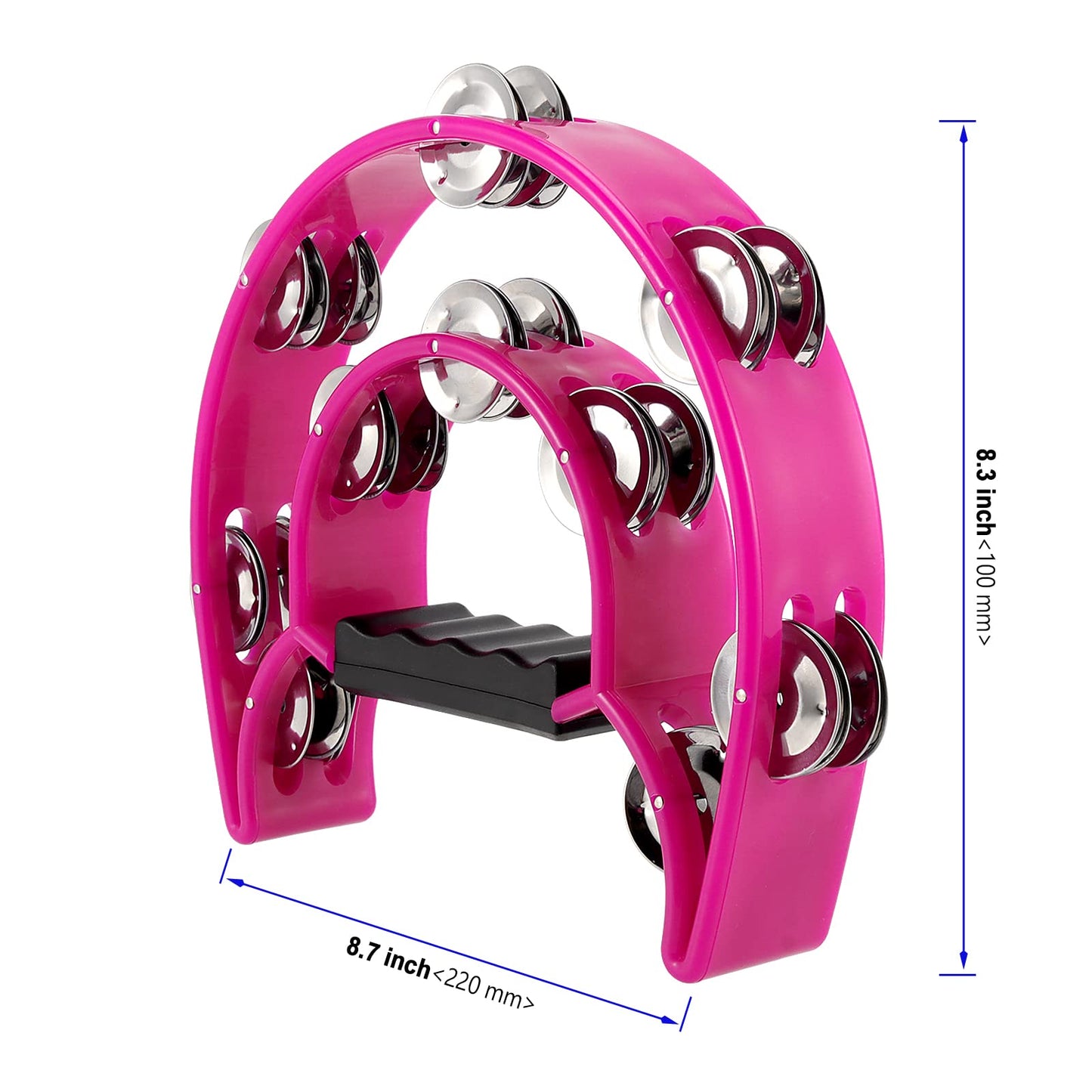 KOHAND 6 Pack 9 Inch Half Moon Tambourine with Double Row Metal Jingles, Handheld Percussion Instrument for Adults, Church KTV Party, Black Blue Magenta