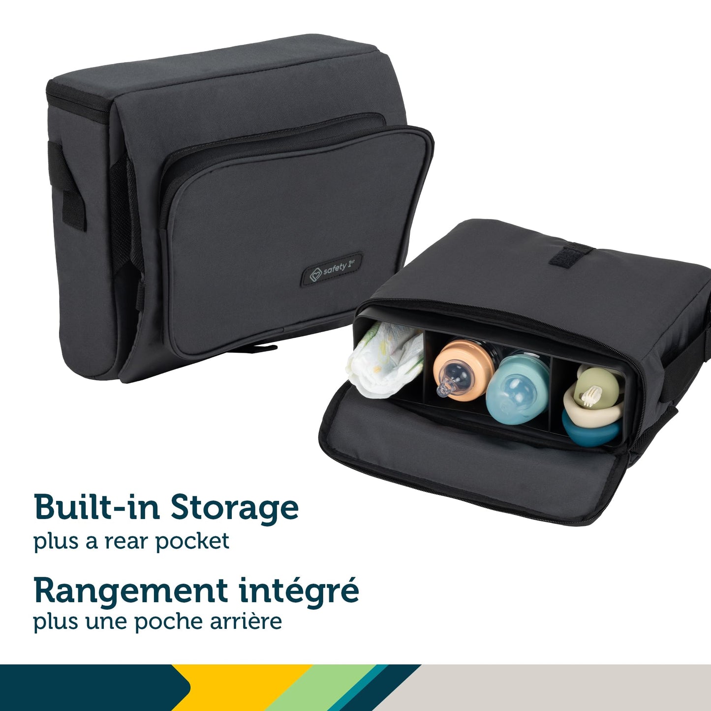 Safety 1st Feed 'N Fold Travel Feeding Booster - Lightweight, Compact & Portable With Carry Strap, Ample Storage & Secure Harness for Baby and Toddler Mealtimes - Mineral Graphite