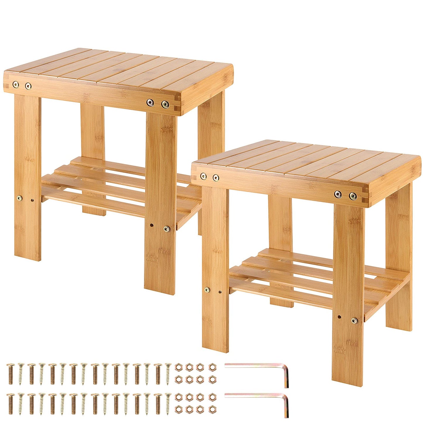 HOIGON 2 Pack 13 Inches Bamboo Step Stool with Storage Shelf, Wooden Foot Stool for Home Garden Bathroom, Heavy Duty Stepping Stool for Adults with Non-Slip Pads, Natural Bamboo, Tabouret Marche Pied