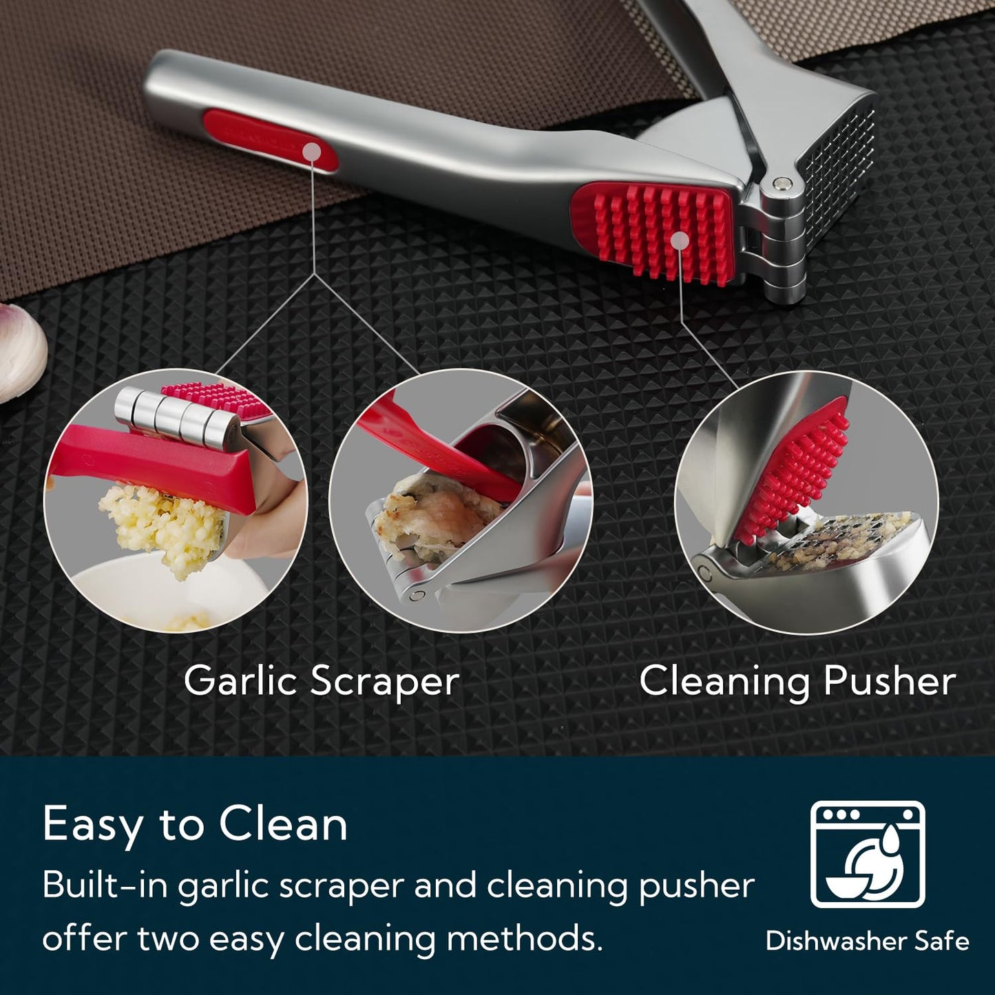 KITCHENDAO No Peeling Garlic Press with Large Chamber,Heavy-Duty Garlic Press with Built-in Scraper & Cleaning Pusher, Zinc Alloy Garlic Mincer, Dishwasher Safe