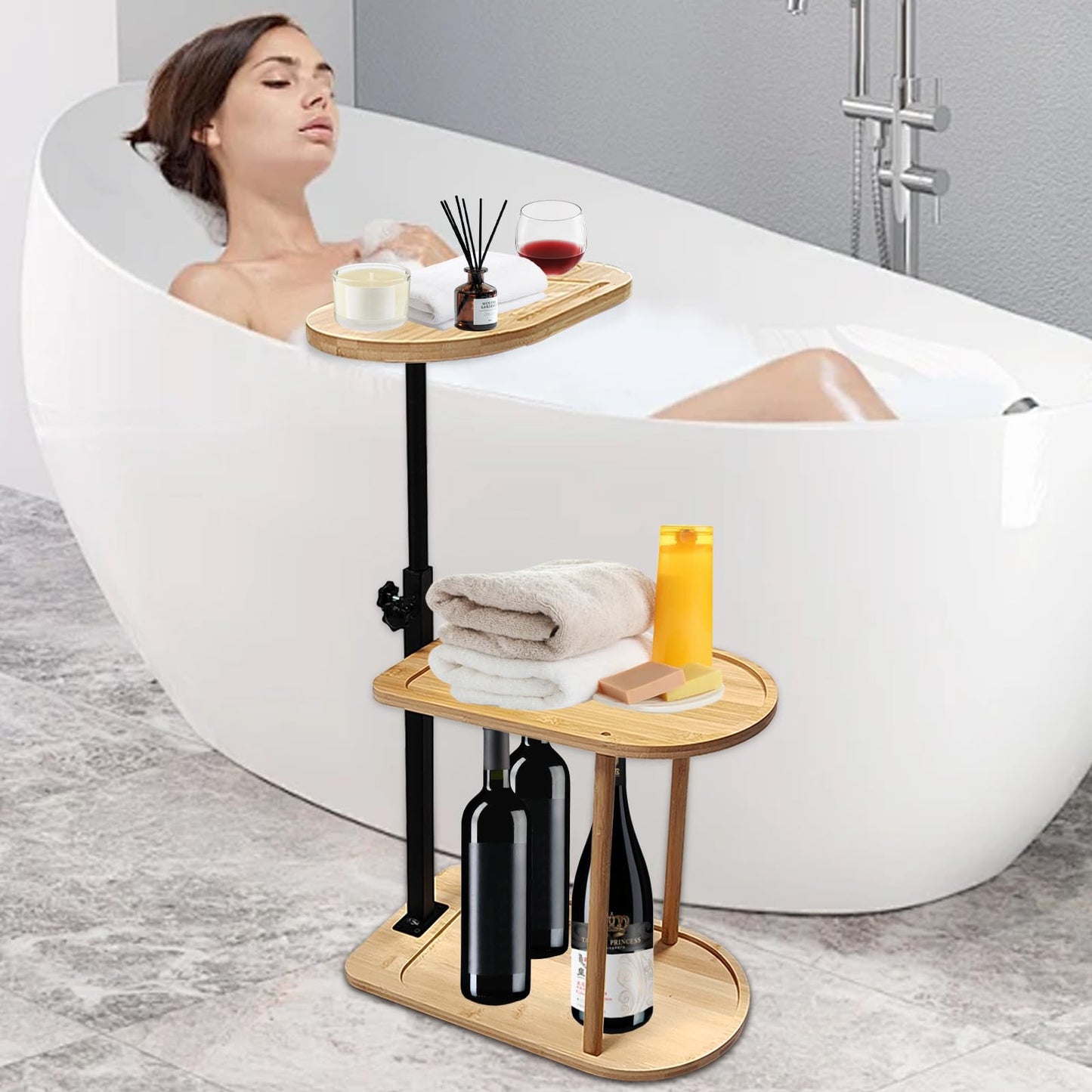 3 Layer Bath Tub Tray Table Liftable Freestanding Bamboo Bath Tray Caddy for Tub Against Wall Shelf Bathroom Organizer Shelf for Luxury Spa, Home Spa Bathtub Accessories
