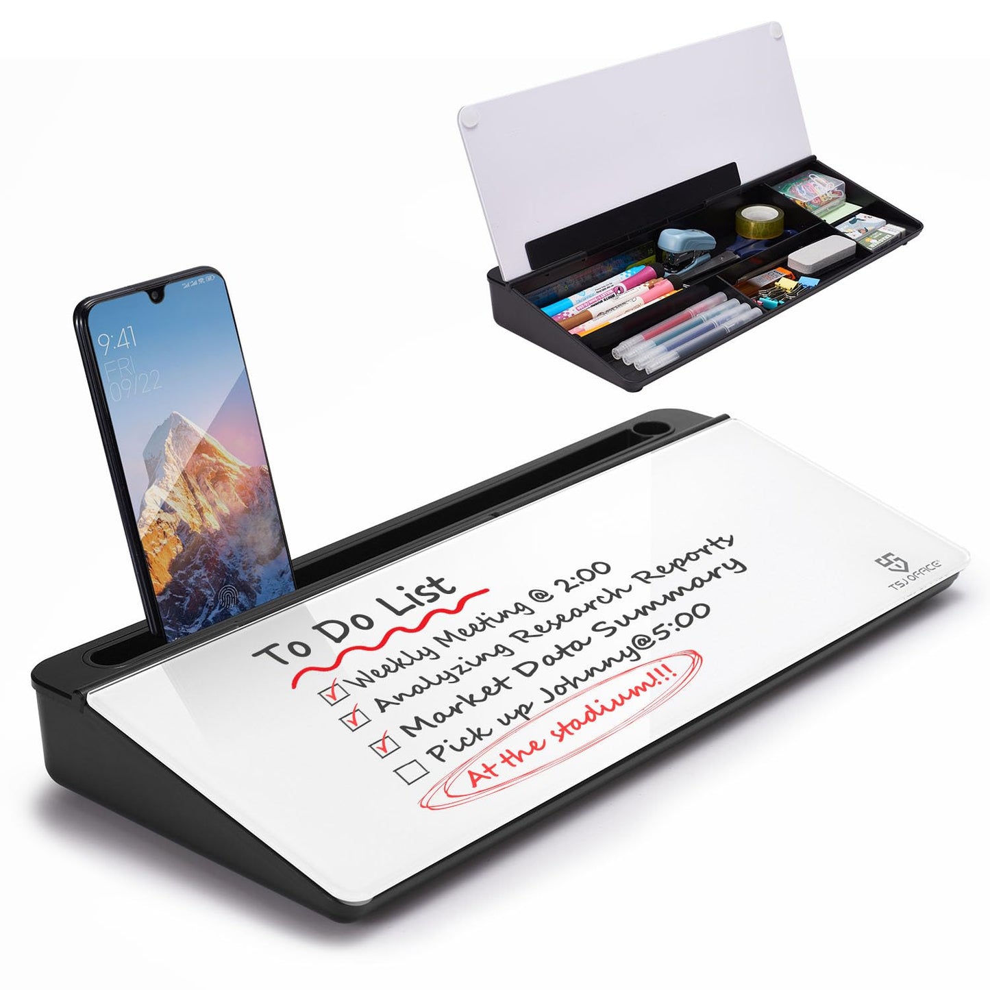 TSJ OFFICE Small Desktop Whiteboard -Glass Dry Erase Board Computer Keyboard Stand White Board Surface Pad with Drawer, Desk Organizers with Accessories for Office, Home, School Supplies - Black