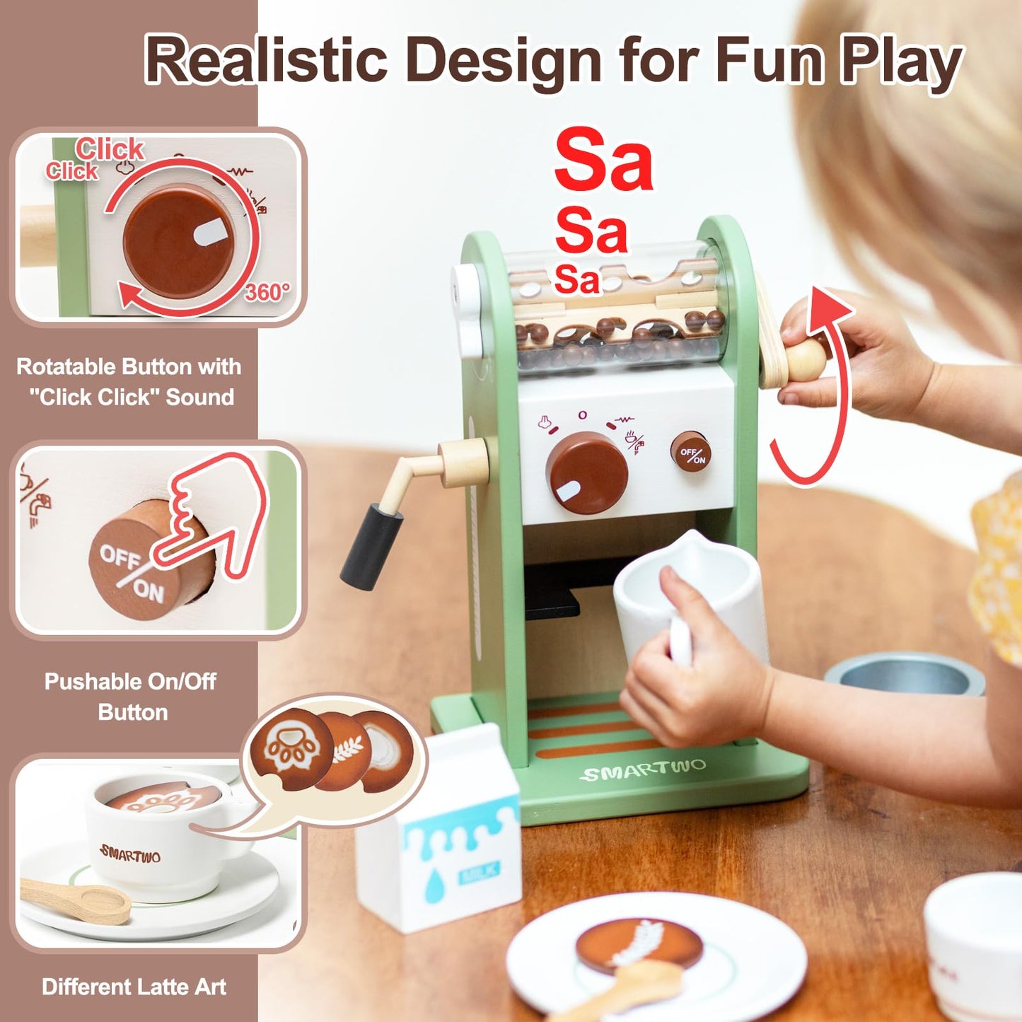 Smartwo Montessori Toy of Coffee Maker Playset, Wooden Kitchen Accessories Play Food for Toddler Pretend Play, Choice for Boys and Girls 3 4 5 6 Years Old
