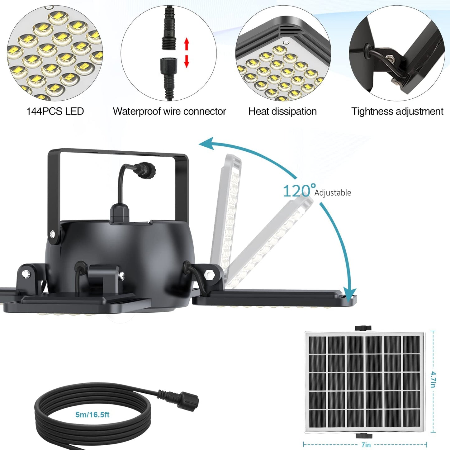 Solar Pendant Light Outdoor Indoor Solar Powered Motion Sensor Shed Light,144LED 1200LM Daytime Work Light with 5 Lighting Modes Remote Control 4 Heads Light for Garage Gazebo Barn