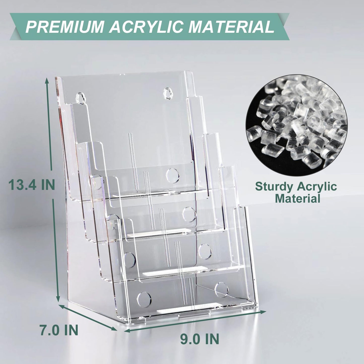 Acrylic Brochure Holder 8.5 x 11 inches, 4 Tier Clear Brochure Display Stand with Removable Divider for Trifold 4 Inches Wide Pamphlet, Plastic Flyer Holder for Magazine, Literature, Booklet