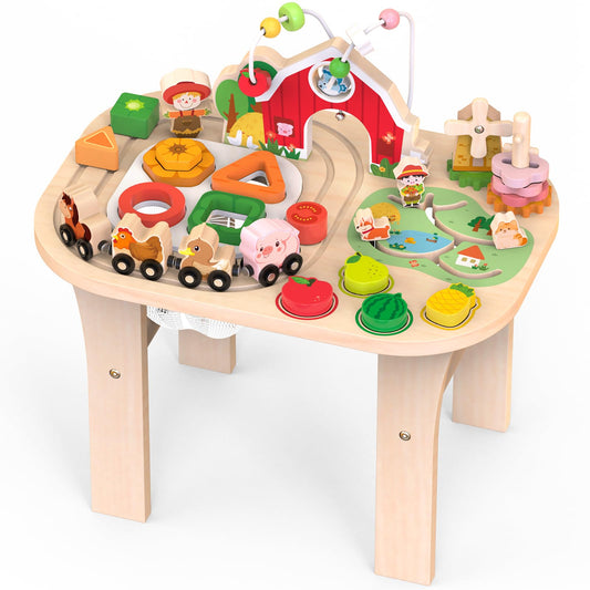 Activity Table for 1 Year Old, Baby Wooden Sensory Table with Bead Maze Shape Sorter Train Track for Toddler, Farm Montessori Toy Activity Center, Educational Learning Toy for Kid 12+ Months (Natural)