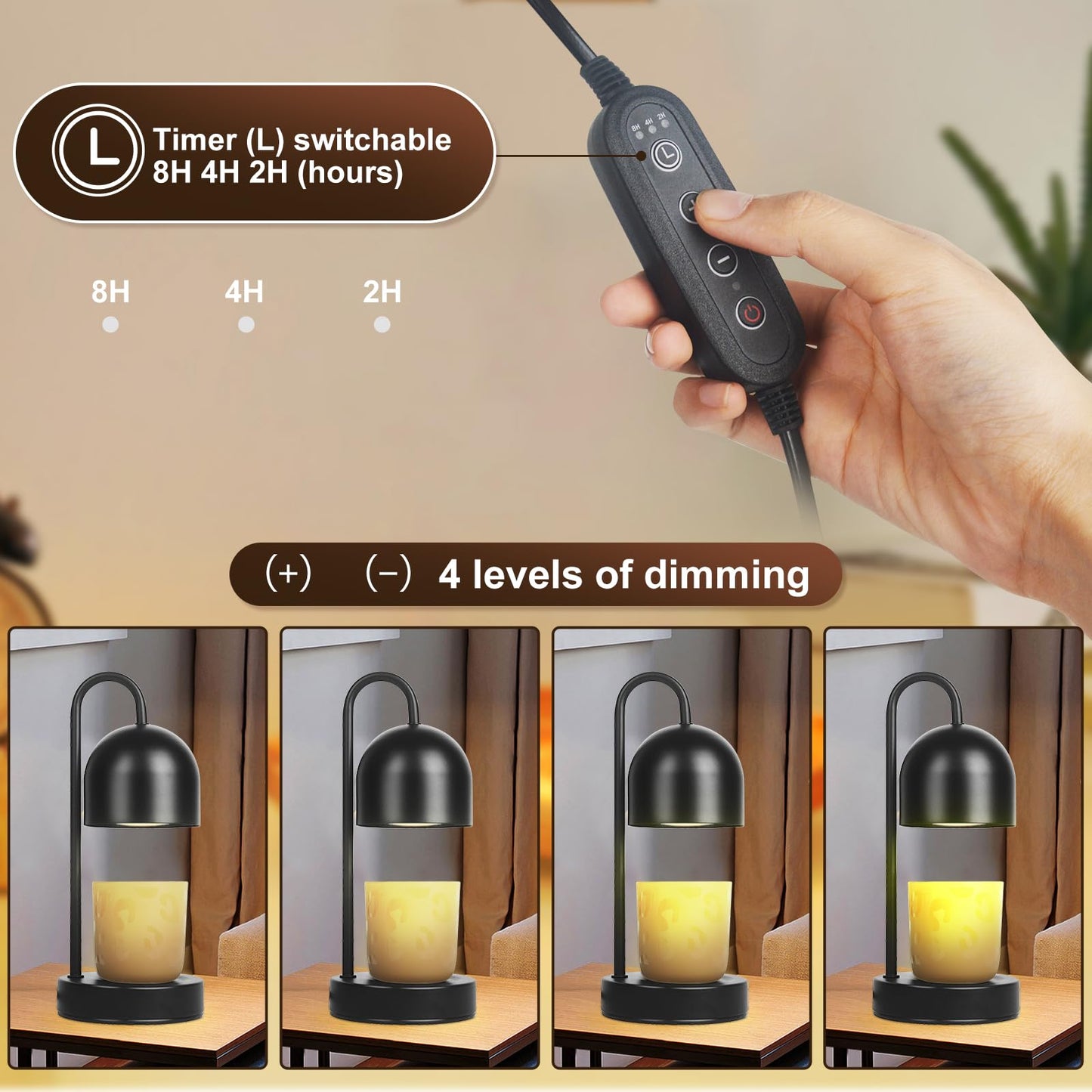 YudouTech Dimmable Candle Warmer Lamp - Black Small Metal Candle Wax Warmer with 2 * 50W Bulbs, Timer & Dimmer, Perfect for Bedroom and Living Room Decor