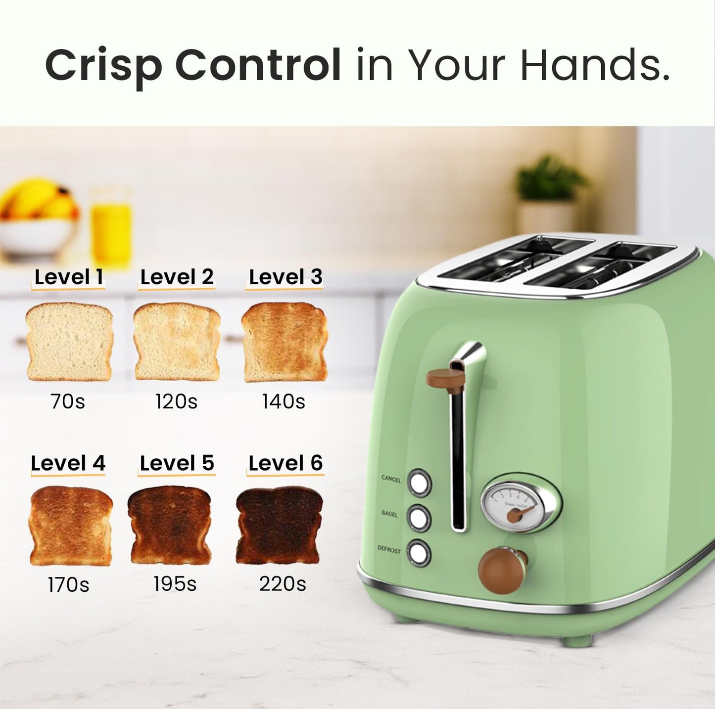 BLITZ Retro 2-Slice Stainless Steel Toaster, Cream Finish – Adjustable 6 Browning Levels, 1.5-Inch Extra-Wide Slots, Bagel/Defrost/Cancel Functions, and Removable Crumb Tray (Retro-Green)