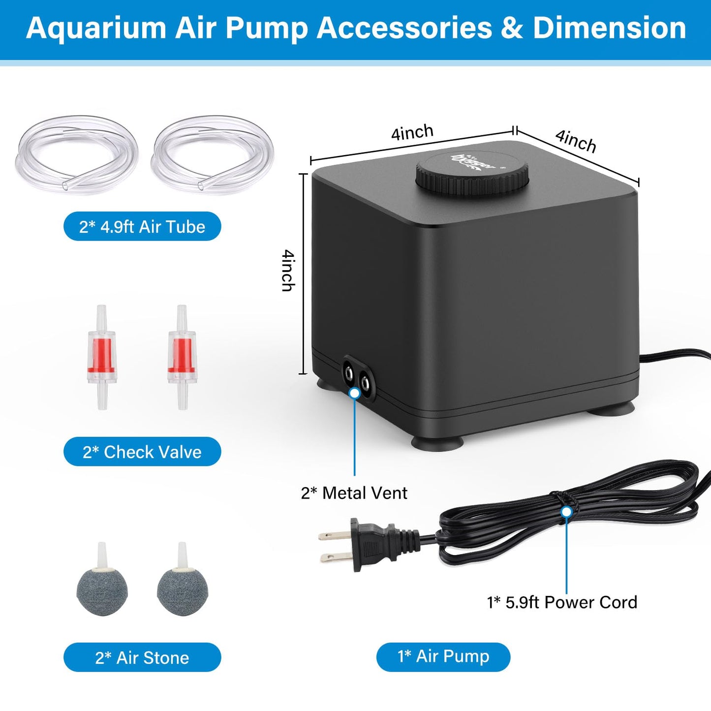hygger Aquarium Air Pump, Quiet Adjustable Fish Tank Air Pump, 4W/7W/11W Powerful Oxygen Aerator Dual Stainless Steel Outlets with Air Stone Bubbler for Small Medium Large Fish Tank, Hydroponic, 4W