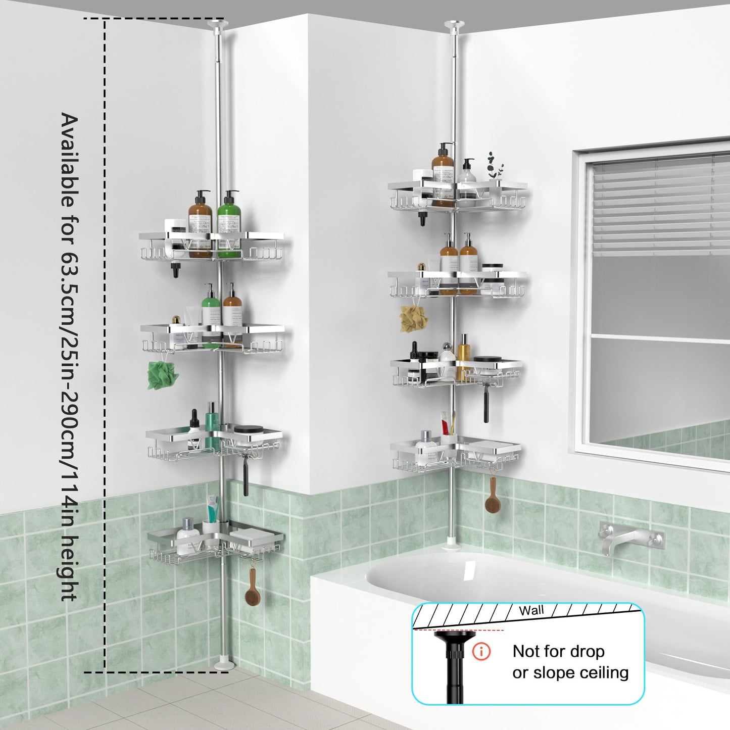 KEGII Corner Shower Caddy Tension Pole, Stainless Steel Bathroom Organizer with Hooks & Soap Holder, Adjustable from 25 to 114.2 inch, 4-Tier Corner Shower Rack for Bathtub Shampoo Storage - Silver