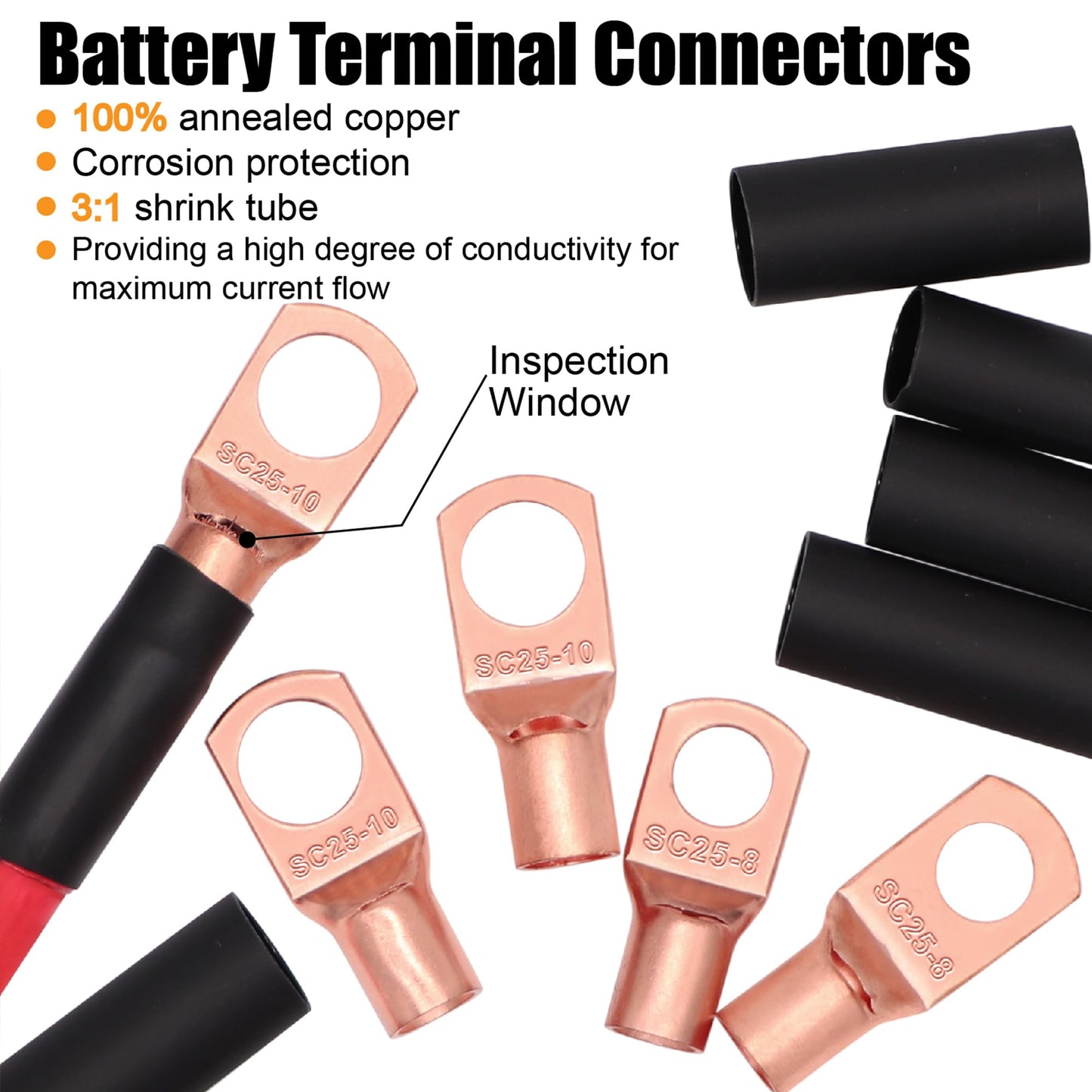 Fuzbaxy 4 Gauge Wire (25 Feet Black+25 Feet Red) Copper Clad Aluminum CCA/Primary Automotive Wire Power Ground,Battery Cable Lugs Terminal Connectors,Heat Shrink Tubing,100A ANL Fuse with Cutter