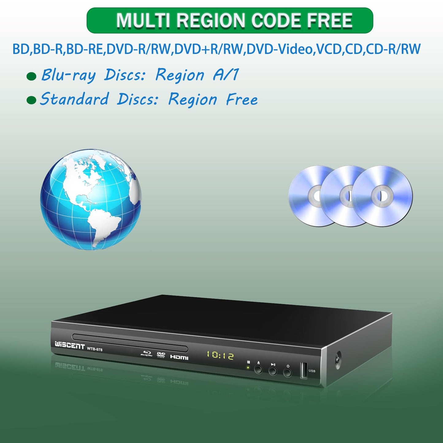 Blu Ray DVD Player, WISCENT Full HD 1080p Home Theater Disc System, Region A/1 Blu-Rays,HD Blu-Ray DVD Player for TV with Coaxial Audio/HDMI/AV/Output, USB Input, Built-in PAL NTSC