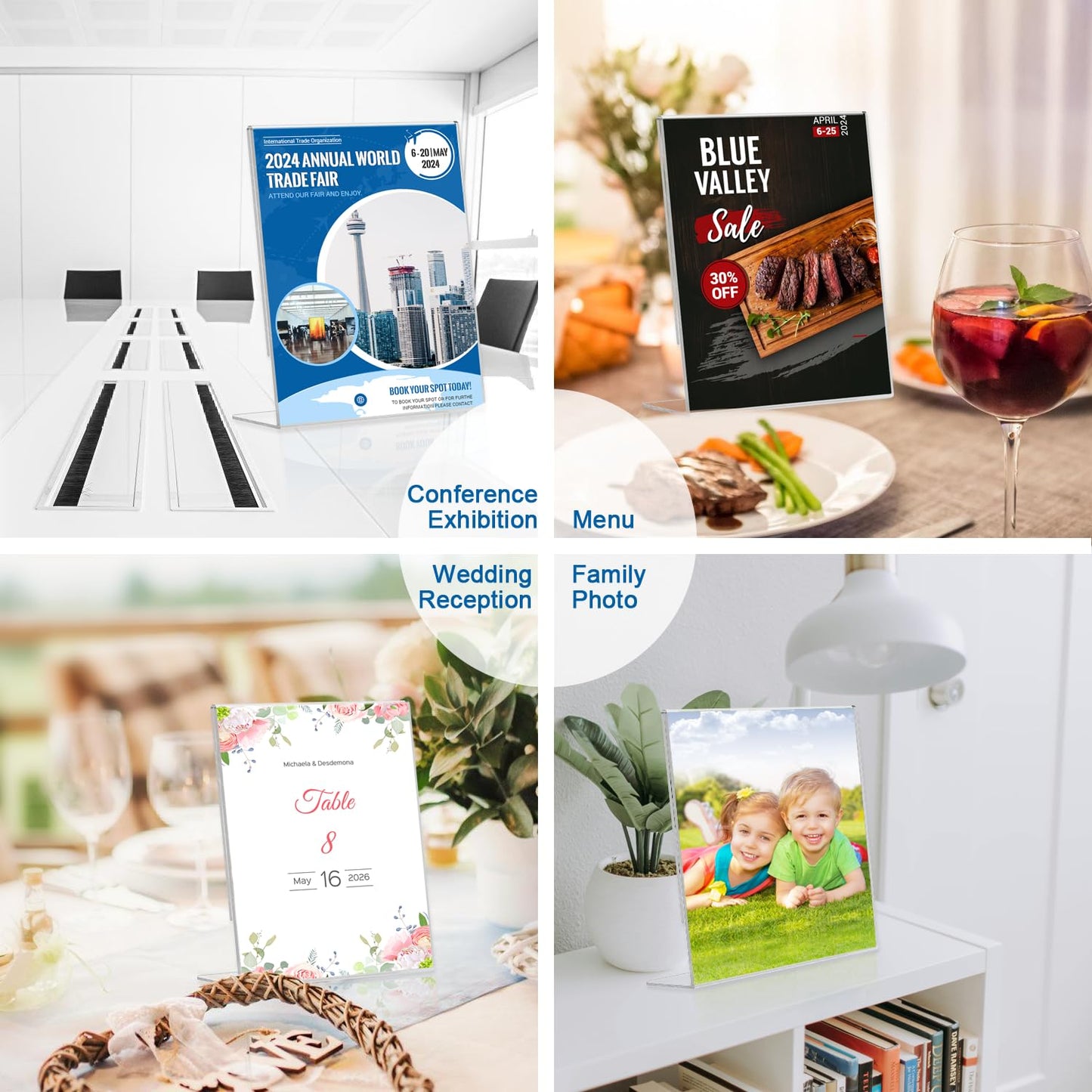 BlueValley Clear Acrylic Sign Holder - 8.5x11" Slant Paper Display Holder for Office Desktop, Acrylic Stand for Display Show Fairs Flyer Brochure, Exhibition Document Poster Ad, Photo Picture Frame, Catering Table Menu-6 Pack