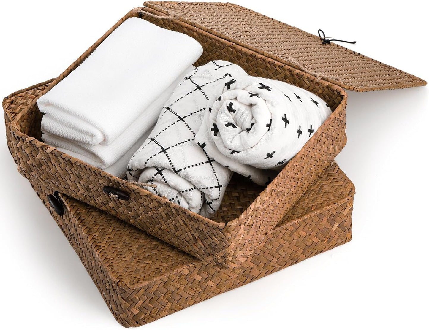 Elsjoy 2 Pack Flat Seagrass Storage Bins with Lid, Wicker Woven Storage Basket Set, Rattan Organizer Bins for Shelf, Closet, Bedroom