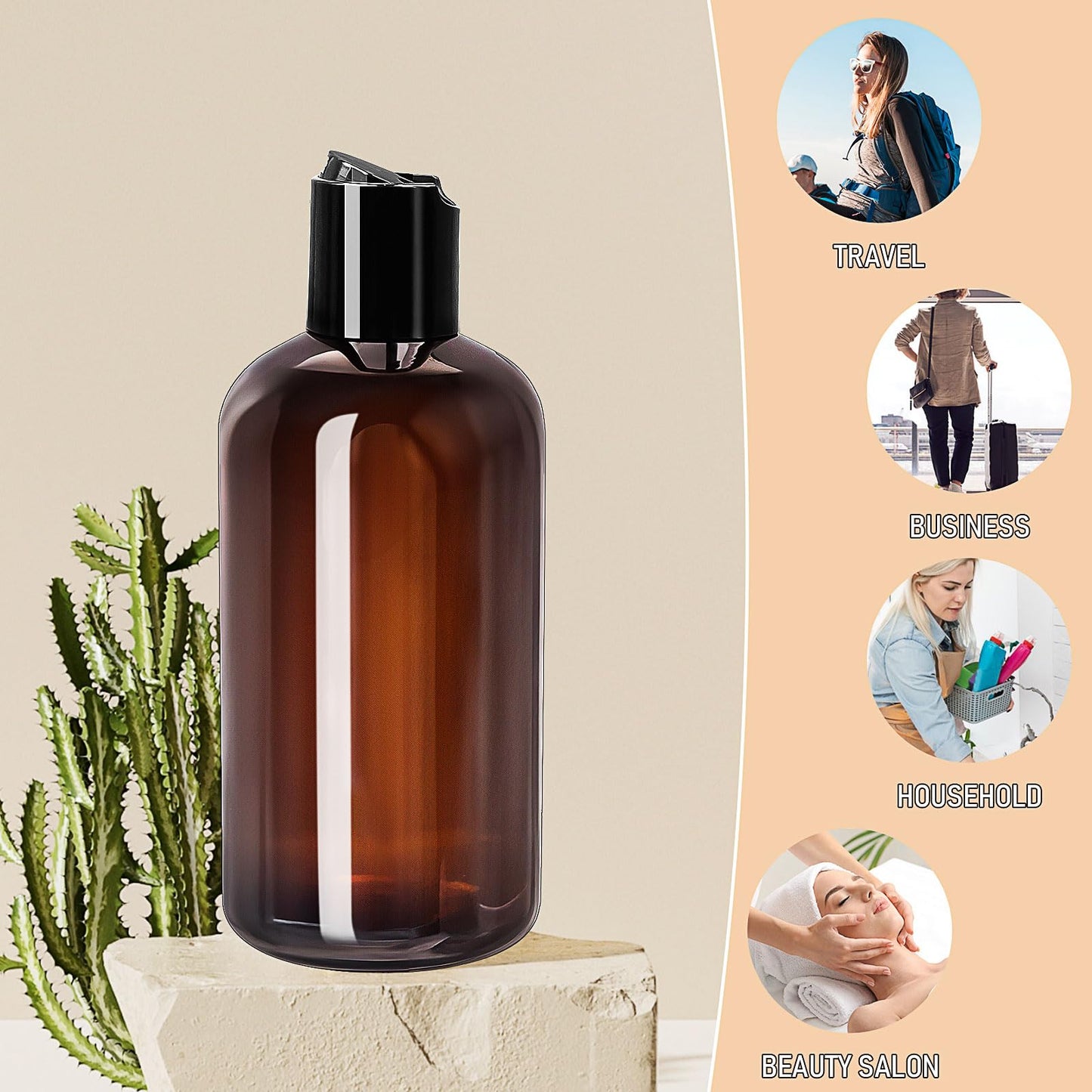 36 Pack Amber Plastic Travel Bottles, 8.5oz Reusable Cosmetic Squeeze Containers with Disc Top Flip Cap, Refillable Empty Containers for Shampoo Conditioner Toiletries Liquid Soap (250ml)