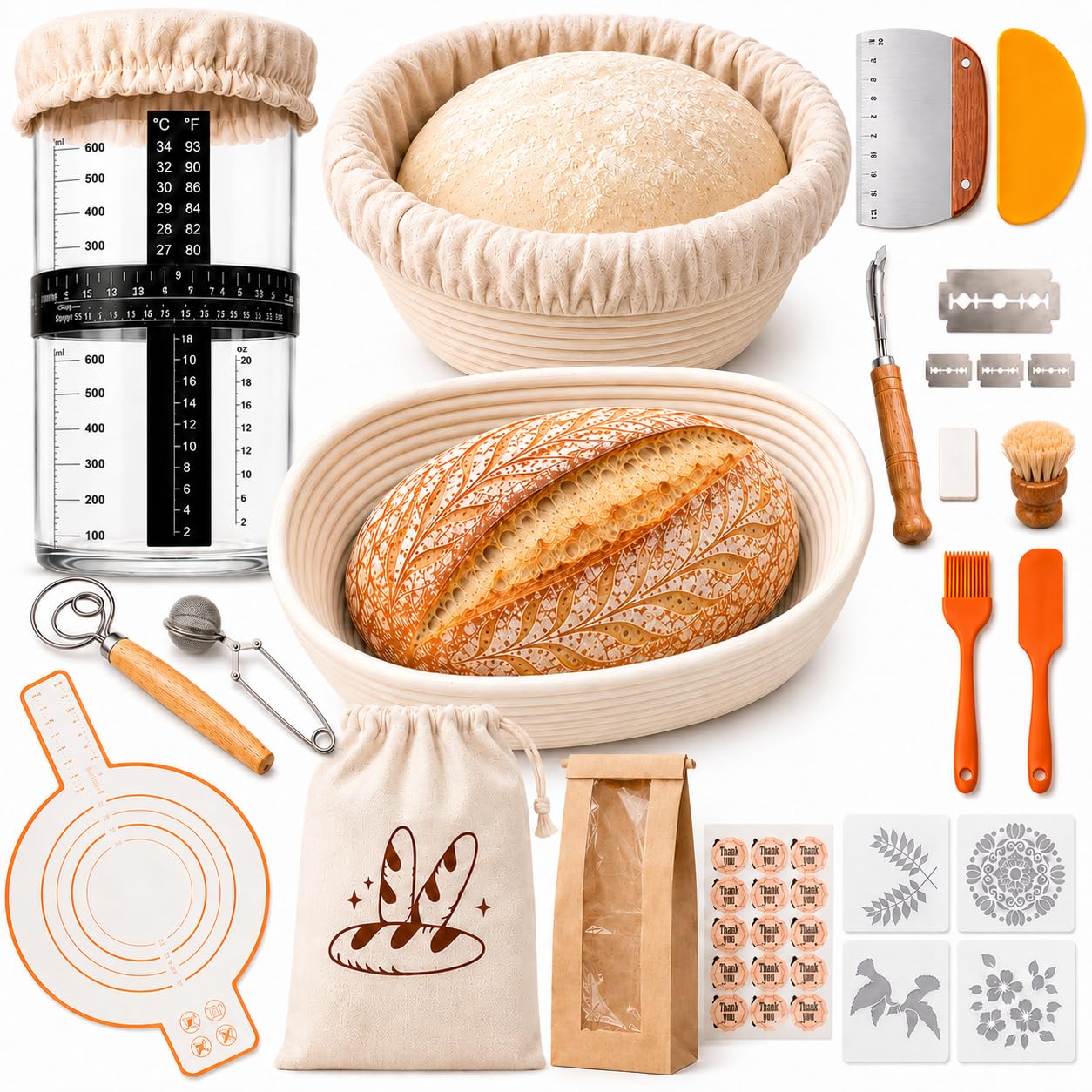 Sourdough Bread Starter Kit, 15-Piece Banneton Proofing Basket Set with Round & Oval Bread Baskets, 600ml Starter Jar, Dough Whisk, Bread Lame, Silicone Mat, Stencils and Bread Bags for Beginners