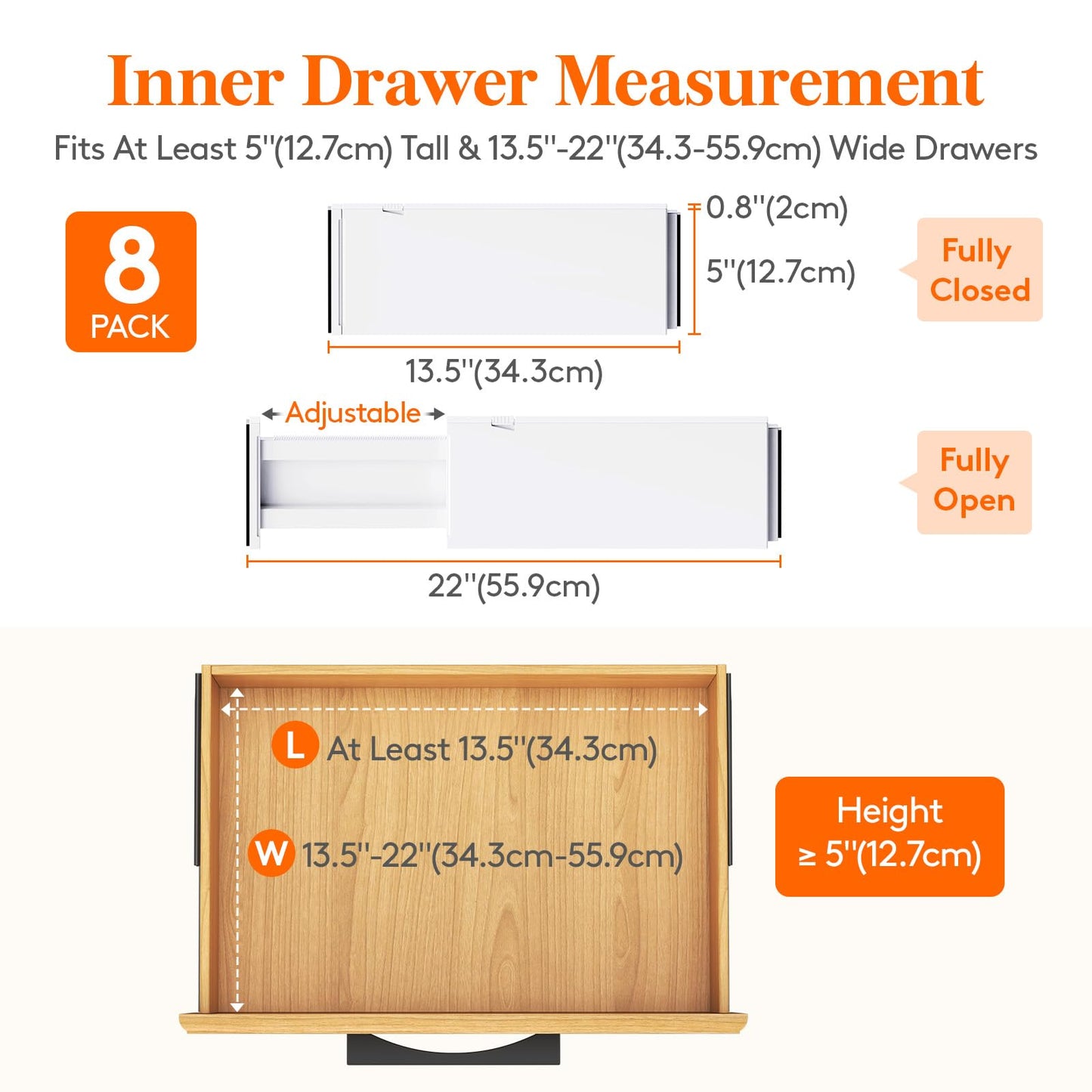 Lifewit 5" High Drawer Dividers, 13.5-22" Plastic Adjustable Drawer Organizers for Clothes, Expandable Dresser Deep Separators in Bedroom/Bathroom/Kitchen/Office Organization and Storage, 8 Packs