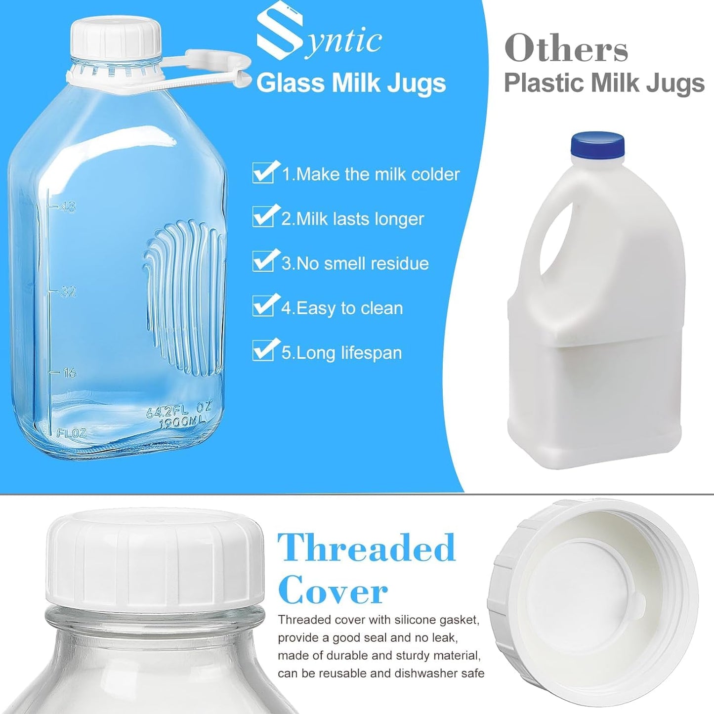 Syntic 4 Pack Glass Water Bottles for Fridge, Half Gallon Milk Jugs with Airtight Lids, 64 Oz Water Bottles, Juice Jugs, Extra Lids, 2 Silicone Dispenser Caps, Stickers, Gaskets and Handles