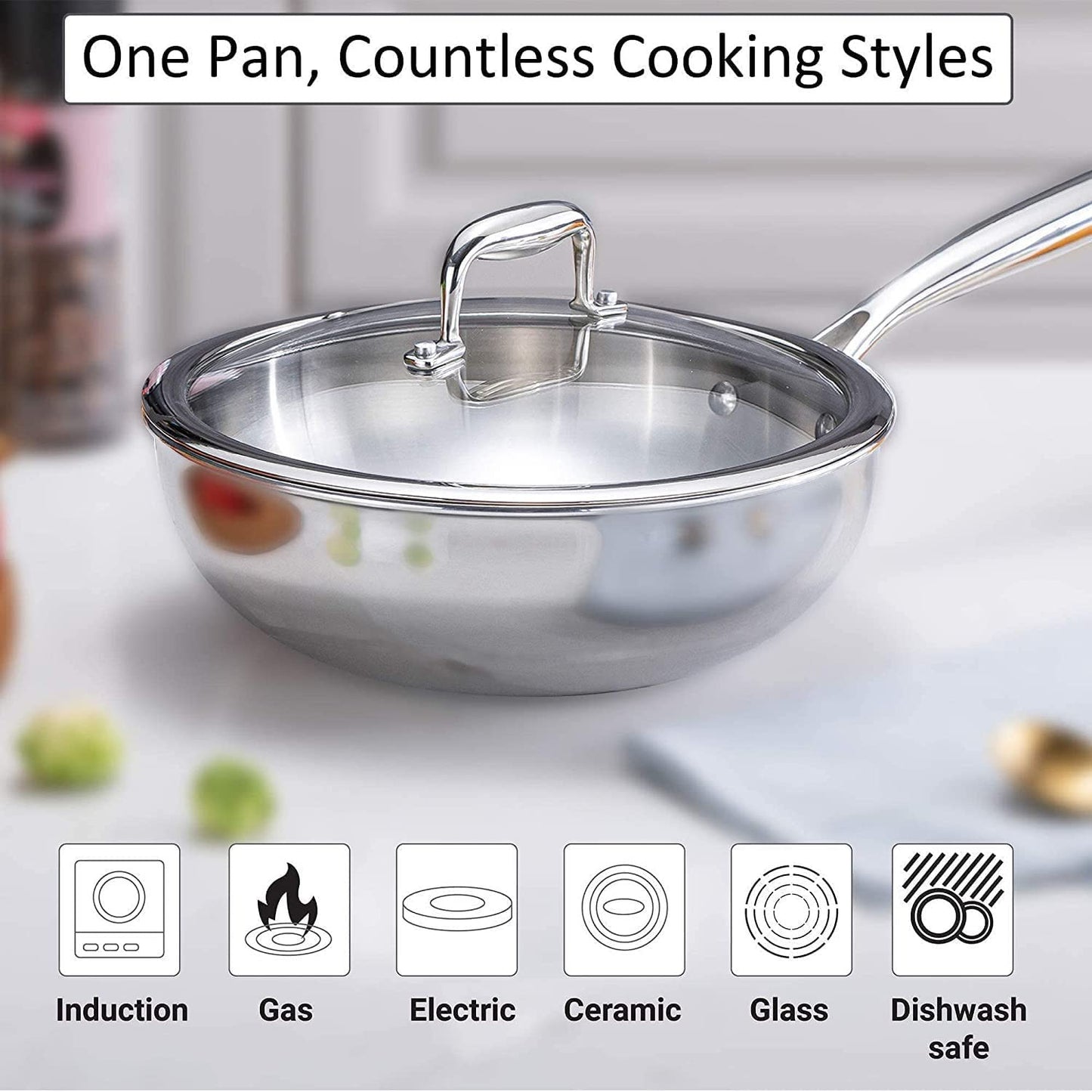 QX LIVING Stainless Steel Tri-Ply Clad Wok, Your Every Day Frying Pan with Tempered Glass Lid, 10 Inch Diameter, 1.6kg Wok Body Weight, All Stove Types (Stainless Steel Wok)