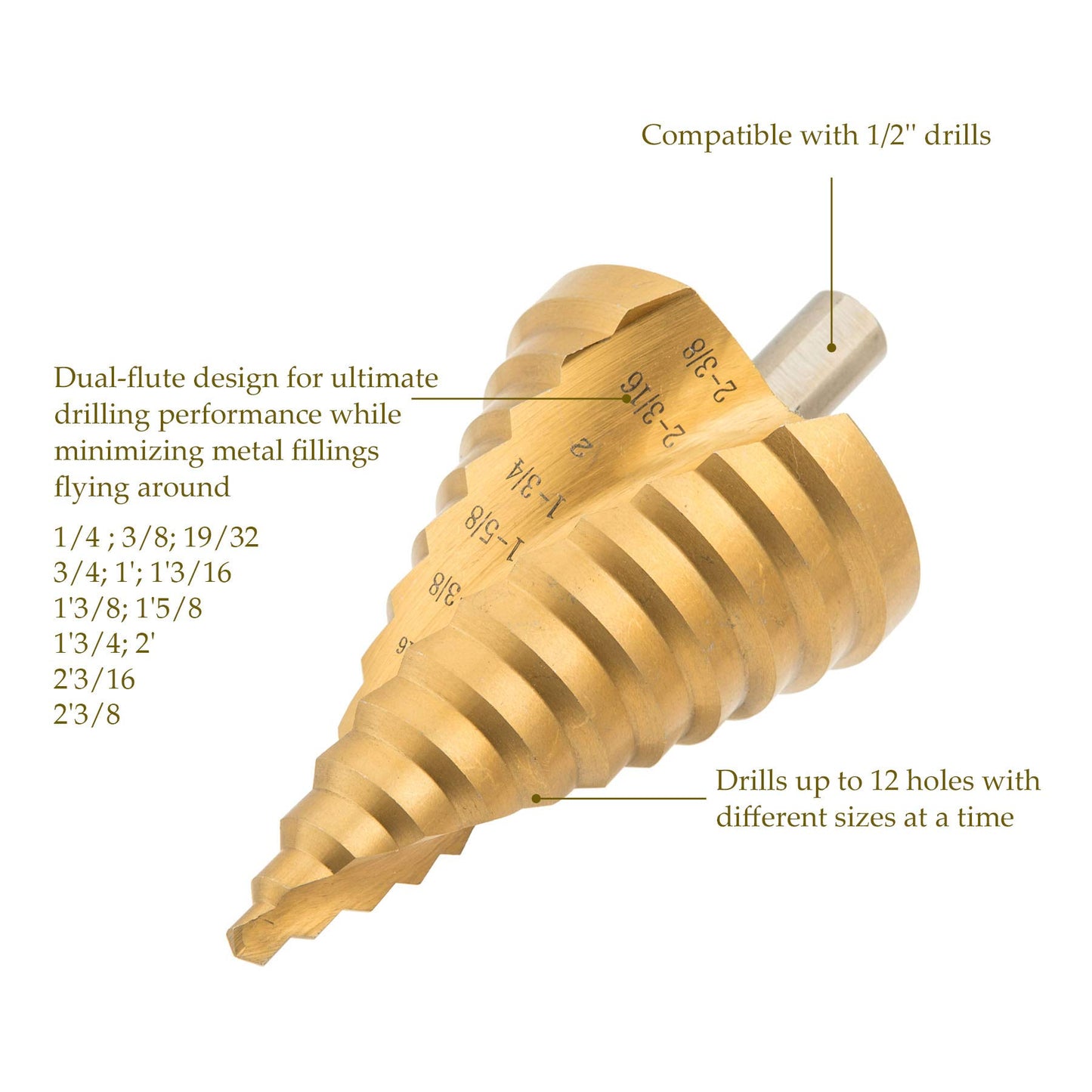 ZELCAN Large HSS Spiral Groove Step Drill Bit, 12 Sizes Titanium High Speed Steel 1/4" to 2-3/8" Drill Bit for Sheet Aluminium Metal Wood Hole Drilling, Big Multiple Hole Stepped Up Bit for DIY Lovers