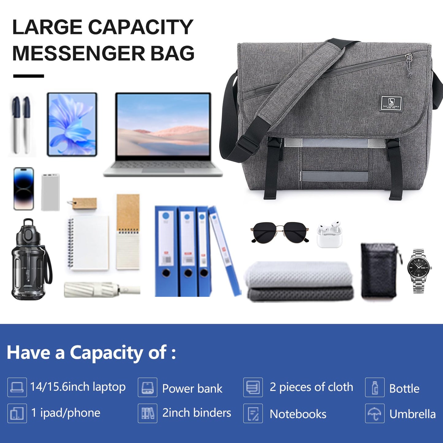 OIWAS Canvas Messenger Bag Pack - Leisure 15 Inch Laptop Shoulder Satchel Briefcase Backpack for Men Women Teens (Gray)