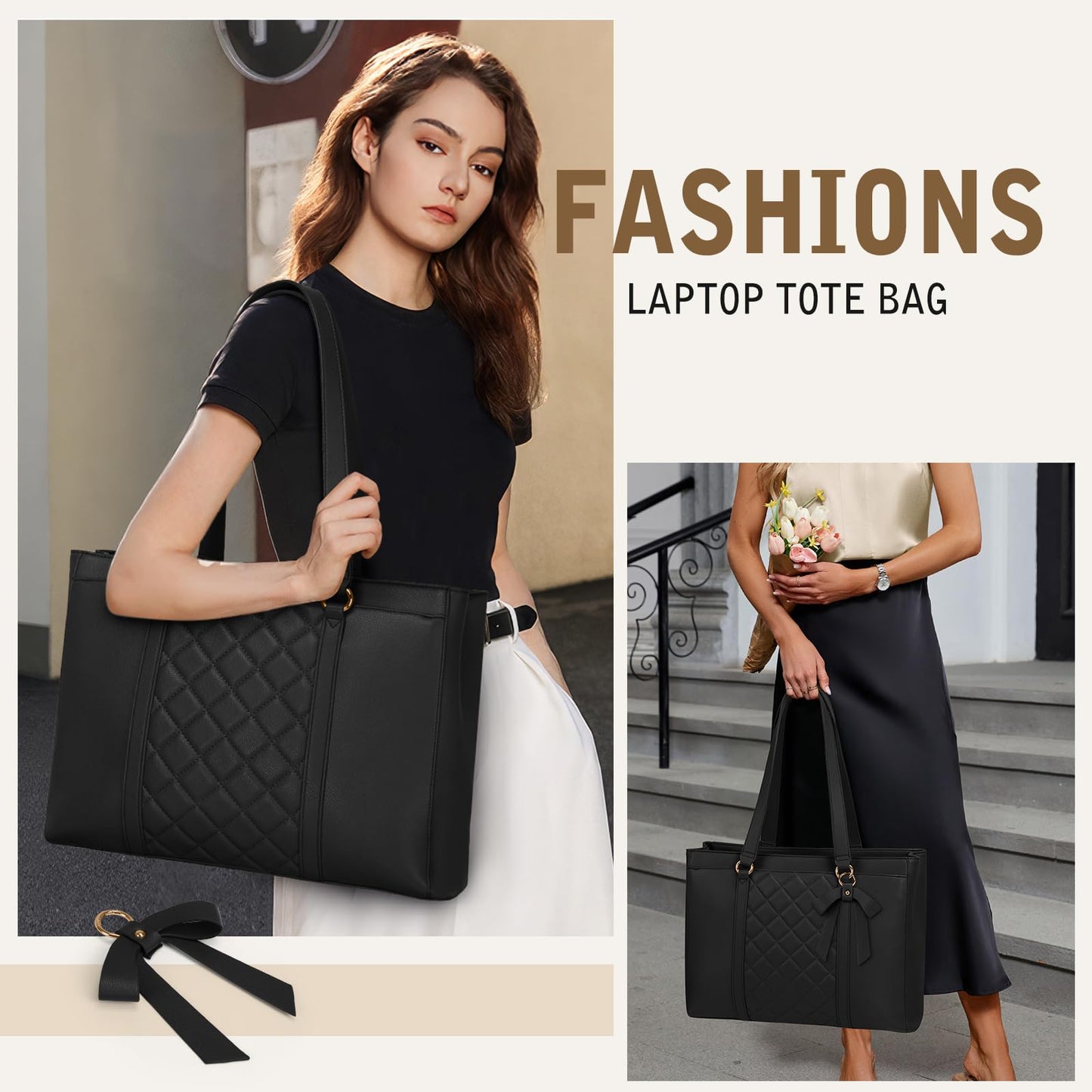 RAINSMORE Laptop Bags For Women 15.6 Inch Work Tote Bag Large Laptop Purse PU Leather Handbag Waterproof Office Computer Briefcase with Zipper for Business Travel, Black