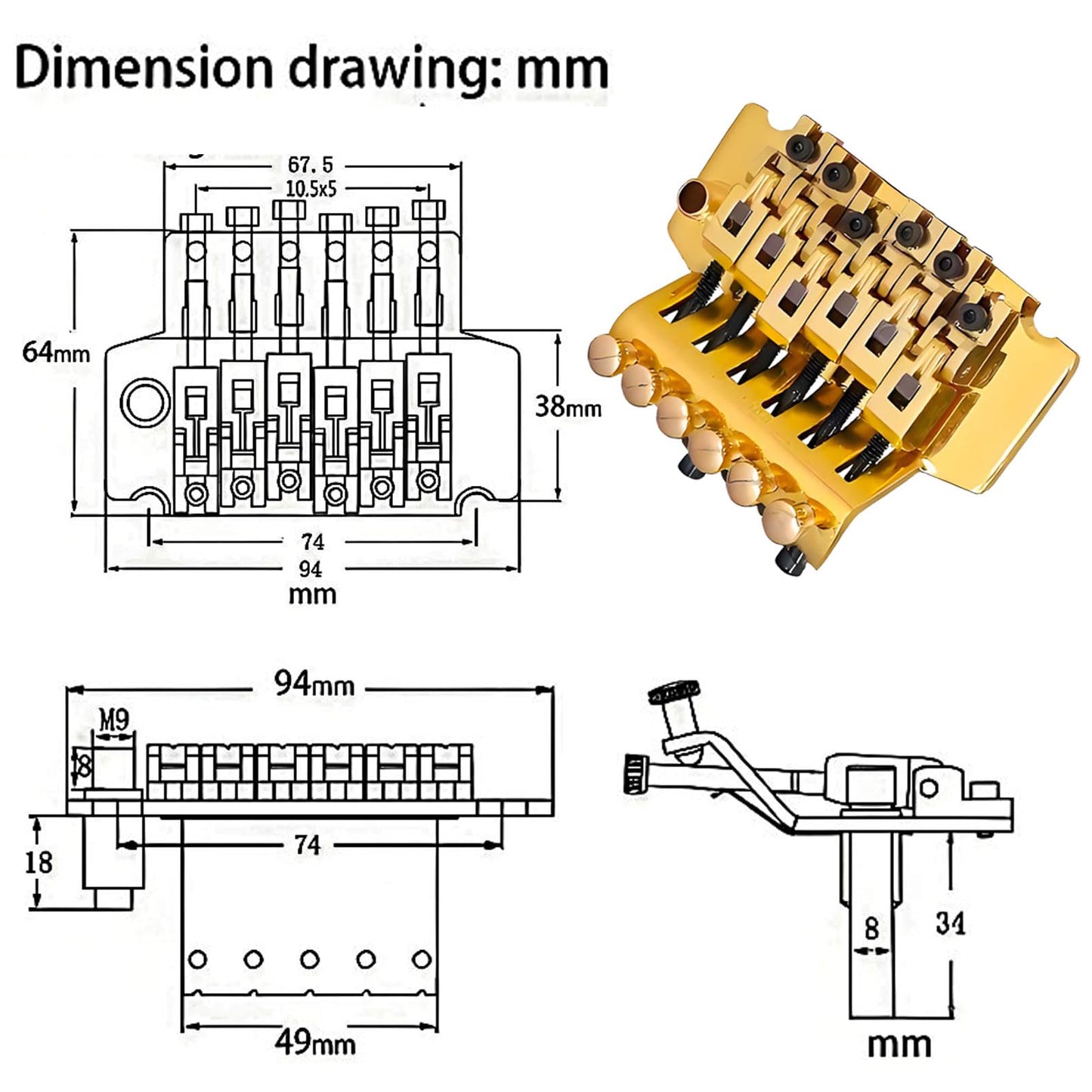 Double Locking Tremolo Bridge System with Arm - Compatible with Floyd Rose & Strat Replacement| Chrome Upgrade Kit for Electric Guitars (Gold)
