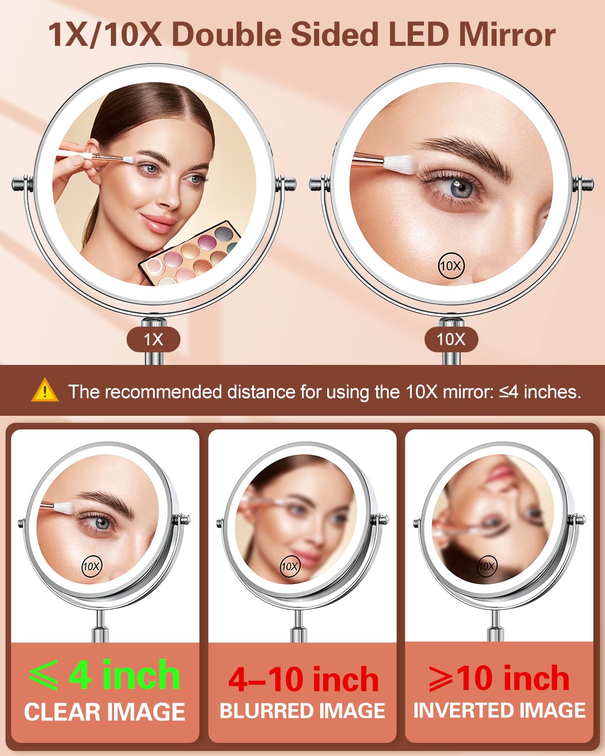 Benbilry Lighted Makeup Mirror with 10X Magnification & 3 Color Lights, Adjustable Brightness & Height, 7 Inch 360° Swivel Rechargeable LED Magnifying Make Up Mirror with Lighting (Silver)