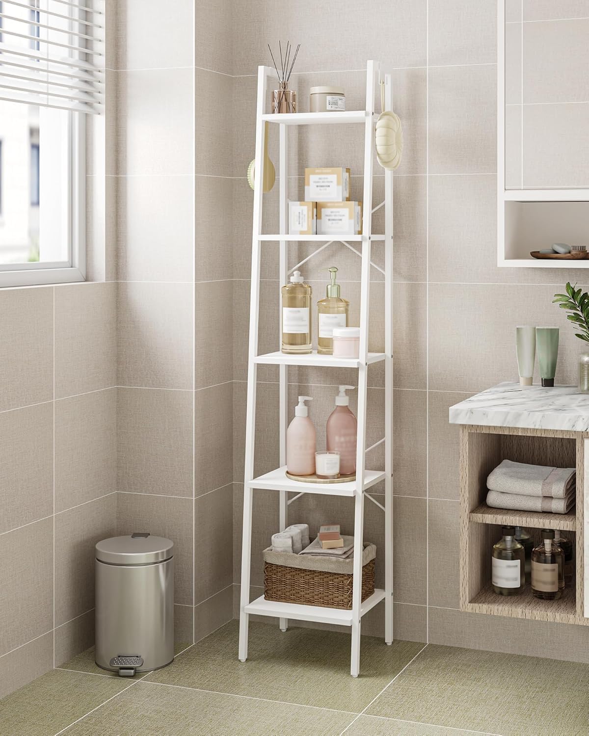 Hzuaneri Ladder Shelf, Bookshelf Bookcase, Freestanding Corner Storage Shelve with 2 Hooks for Home Office, Living Room, Kitchen, Bedroom, Industrial, 5-Tier White BC03213W