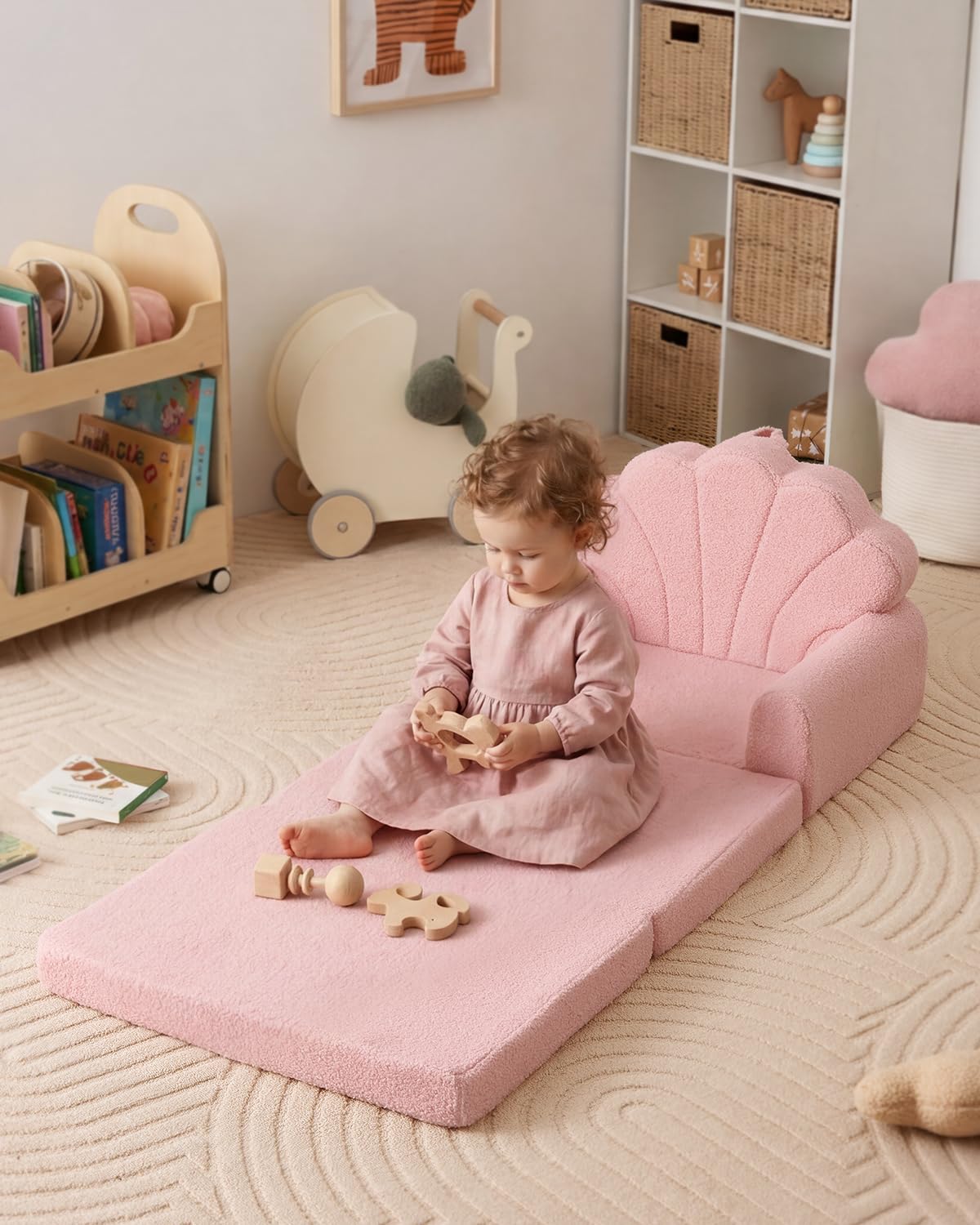 Blissful Diary Kids Couch, 2-in-1 Soft Toddler Couch Fold Out, Toddler Chair Comfy, Convertible Sofa to Lounger, Kids Furniture for Playroom, Gift for Birthday, Children's Day, Pink Shell