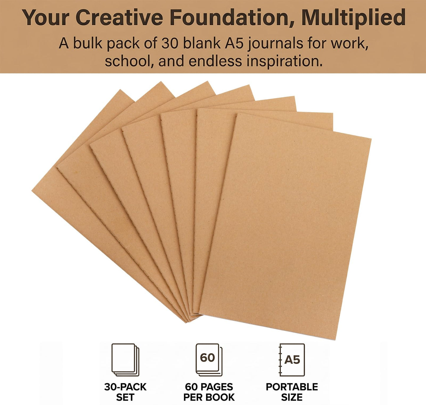 Nicunom 30 Pack A5 Kraft Notebooks, 8.3x5.5 inch Bulk Blank Journals, Travel Journal Unlined Sketchbooks Memo Diary Planner for Office Classroom Supplies, 60 Pages