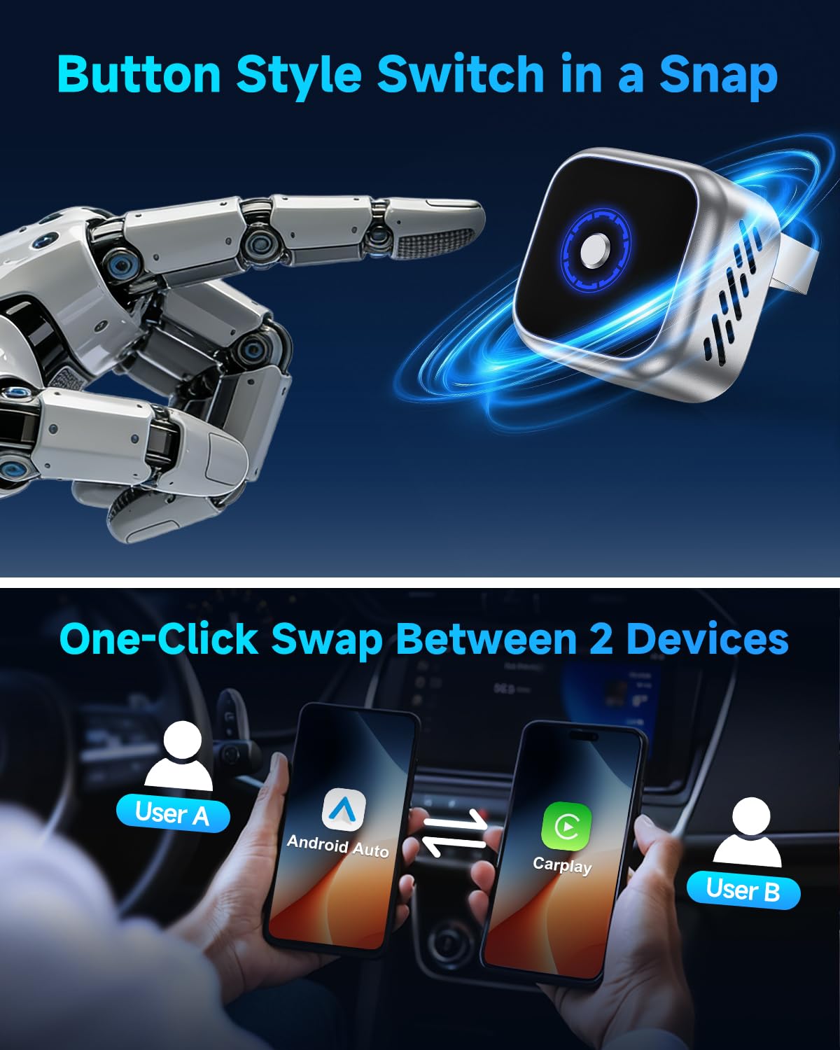 Ultra Mini Android Auto & CarPlay Wireless Adapter, One-Click Switch, 3s Auto Reconnect，Latest A9 Chip 5.8GHZ WiFi, 5.4 Bluetooth, USB-C/USB-A/Extension Cable, Compatible with iOS10+, Android 10+