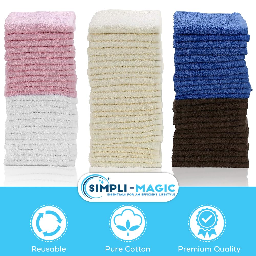 SIMPLI-MAGIC Cotton Wash Cloths 12"x12" (50 Pack) – Highly Absorbent Soft Towels – Commercial Terry Washcloth for Face, Hand, Bath, Kitchen, Gym & Hotel (Multicolor)