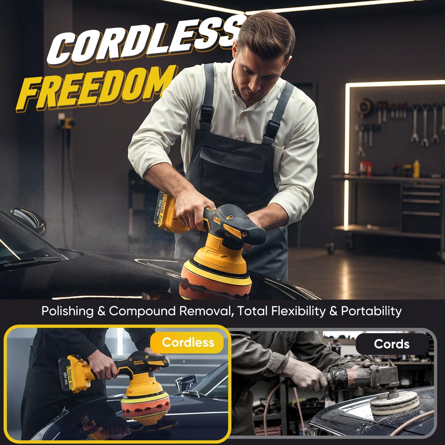 CHUFA Cordless Car Buffer Polisher Kit for Dewalt 20V Battery(Battery Not Included), 8 Variable Speed 5500RPM, 6 in Brushless Dual Action Random Polishing Machine , Orbital Polisher for Car Detailing