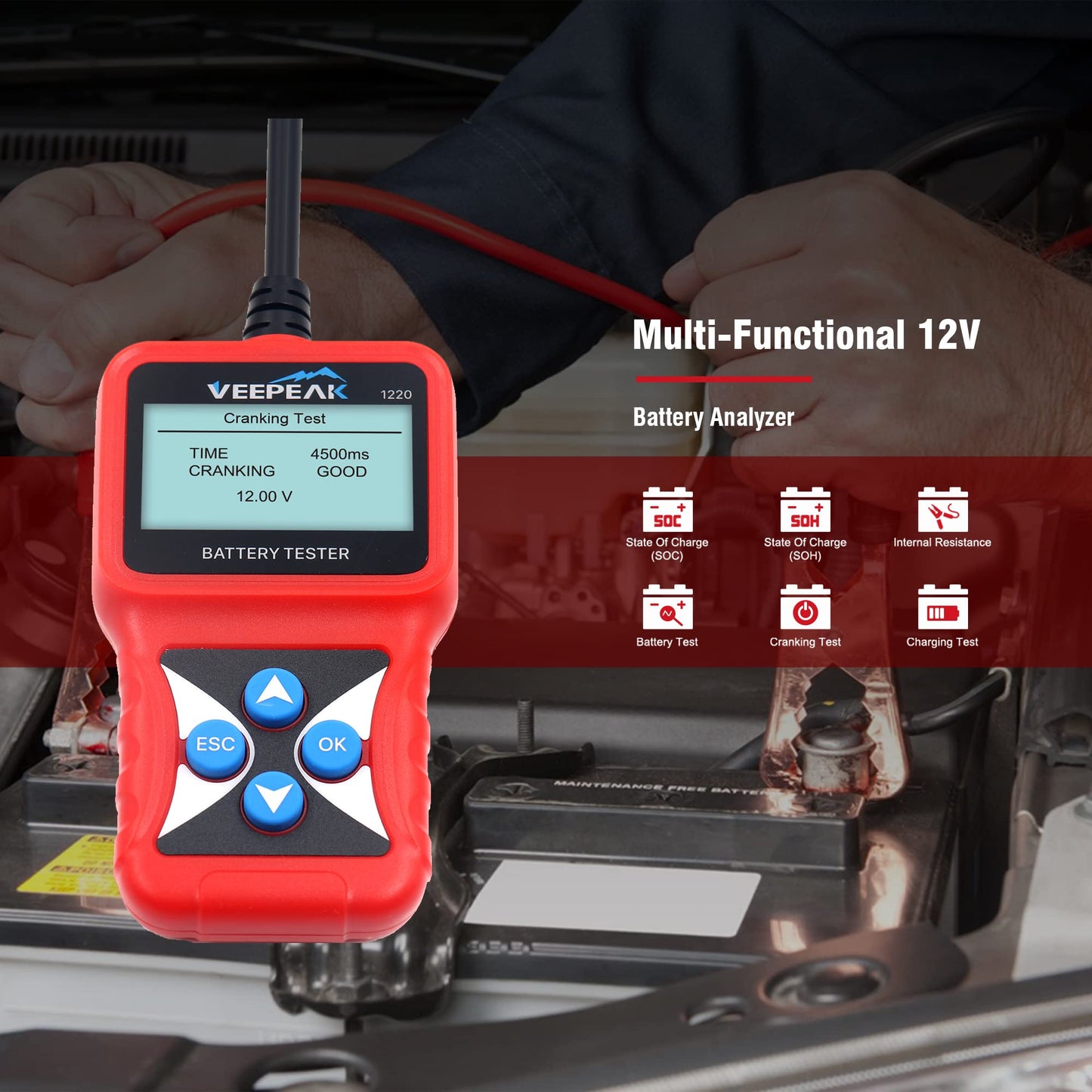 Veepeak 12V Car Battery Tester, Automotive 100-2000 CCA Digital Battery Load Tester Alternator Analyzer Vehicle Charging & Cranking System Testing Tool for Cars, Motorcycles, Boats, ATVs, RVs
