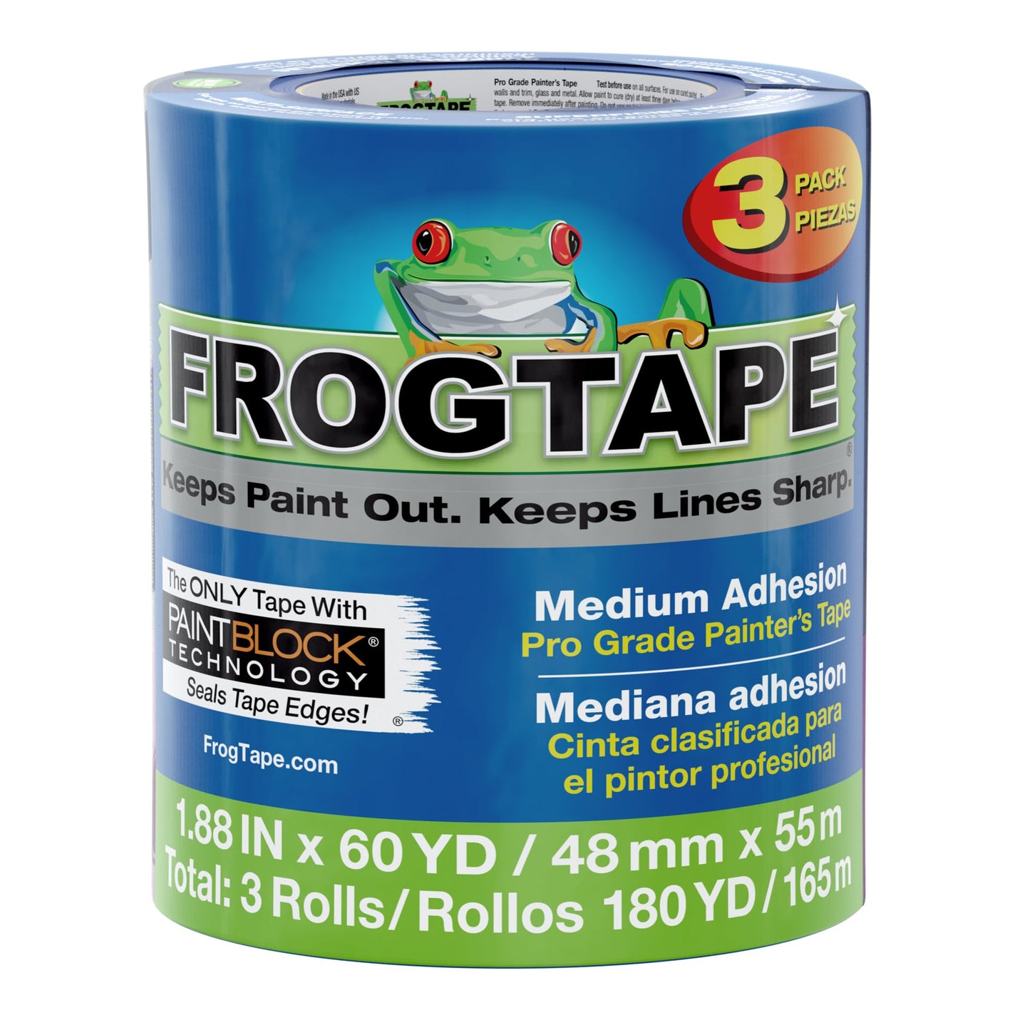 FrogTape ProGrade Blue Painters Tape with PAINTBLOCK, 2 Inch Wide (1.88 in. x 60 Yds), Medium Adhesion, Blue, 3 Rolls (104957)